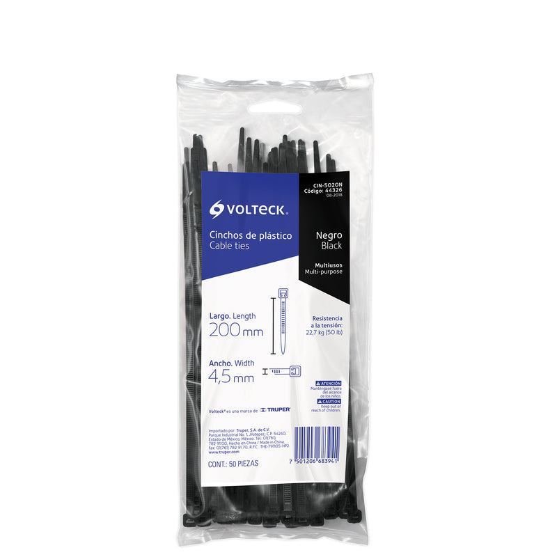 Bolsa con 50 cinchos plásticos 50 lb,  200x4.5 mm,  negros