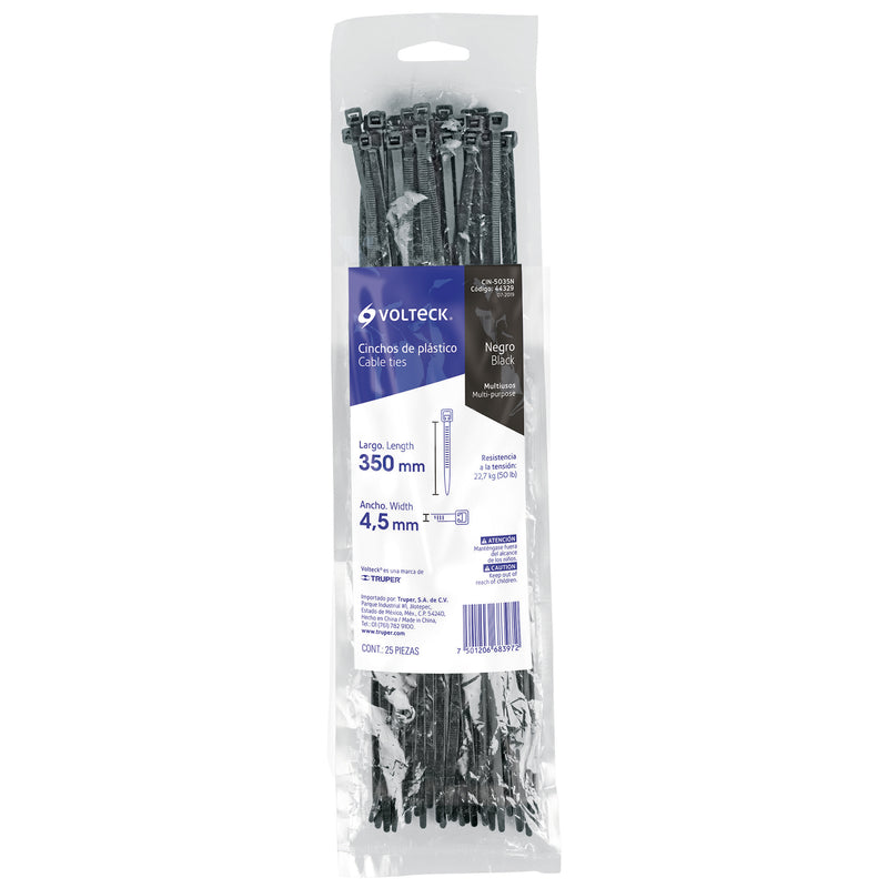 Bolsa con 25 cinchos plásticos 50 lb,  350x4.5 mm,  negros