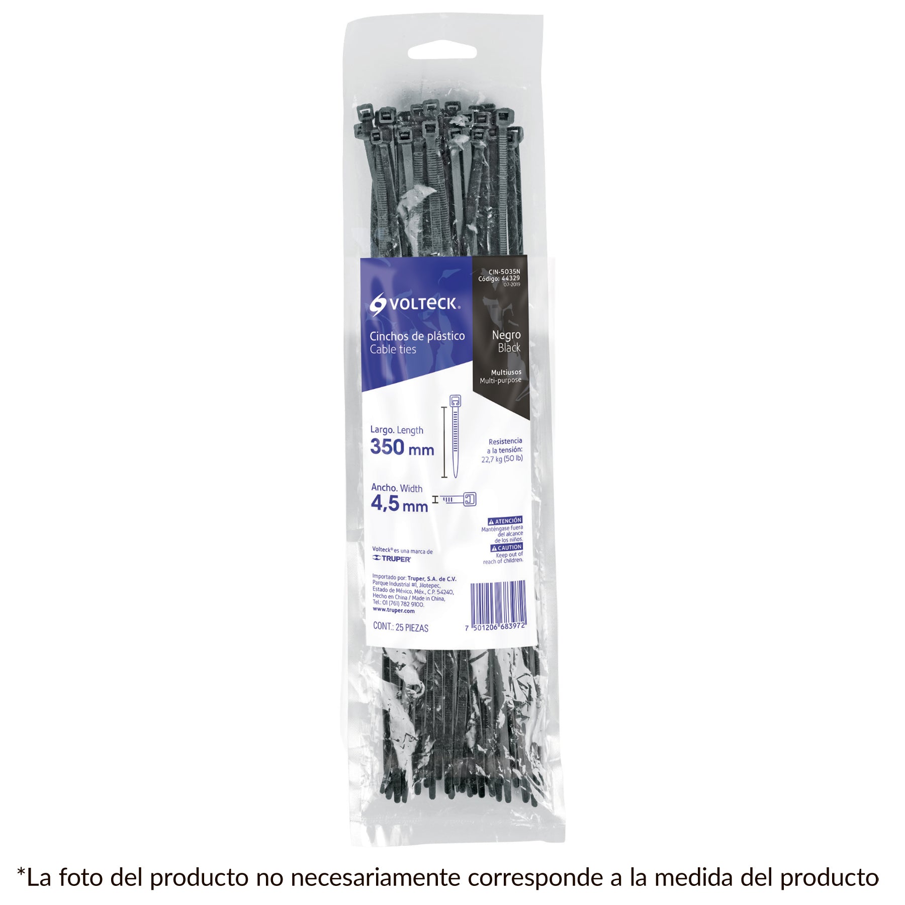 Bolsa con 25 cinchos plásticos 50 lb, 600x4.5 mm, negros