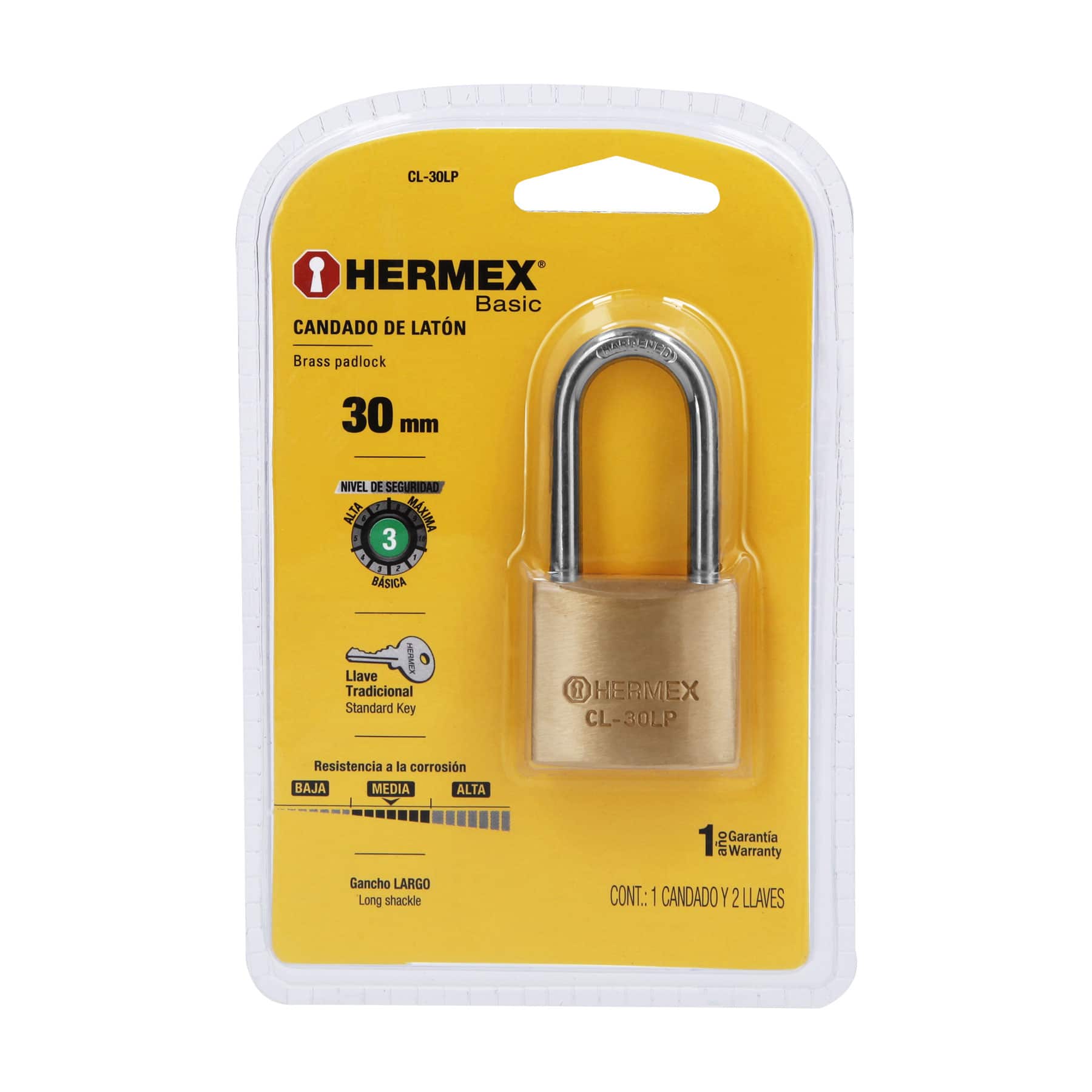 Candado de latón 30 mm gancho largo en blíster, Hermex BASIC