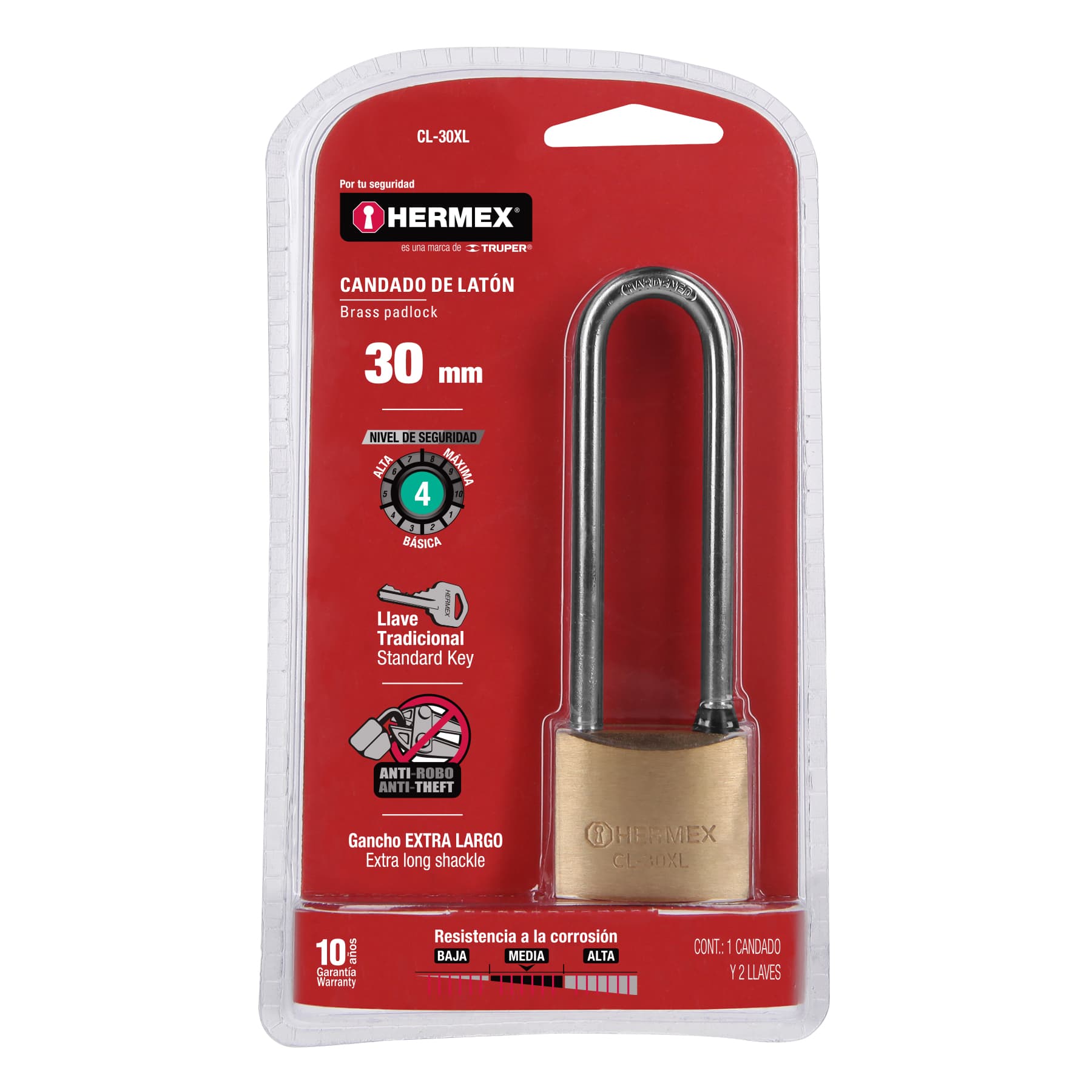 Candado de latón 30 mm gancho extra largo en blíster, Hermex