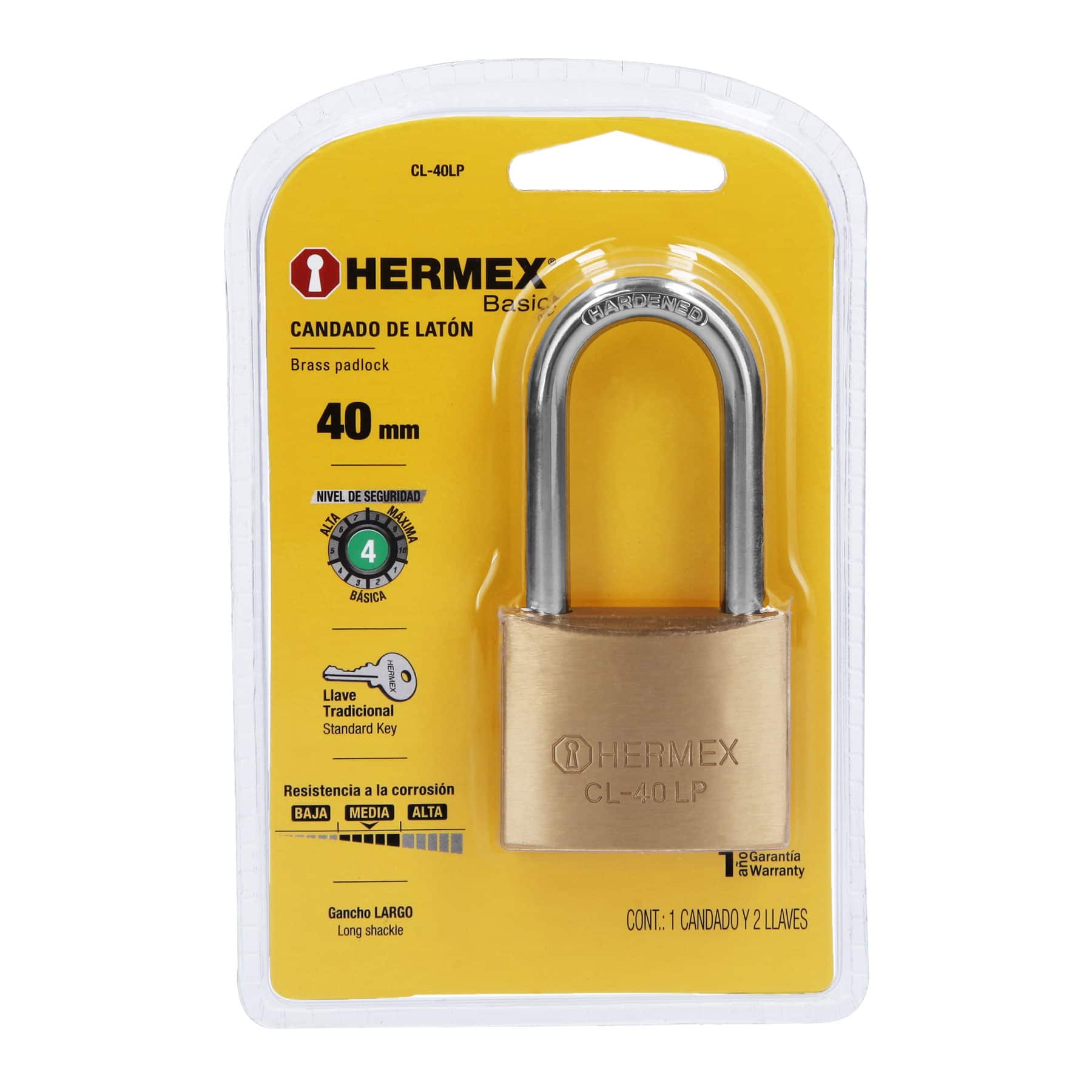 Candado de latón 40 mm gancho largo en blíster, Hermex BASIC