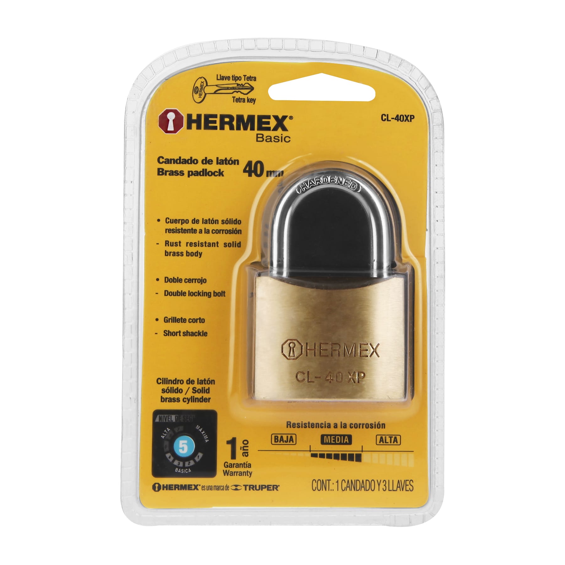 Candado de latón 40 mm llave tetra en blíster, Hermex BASIC