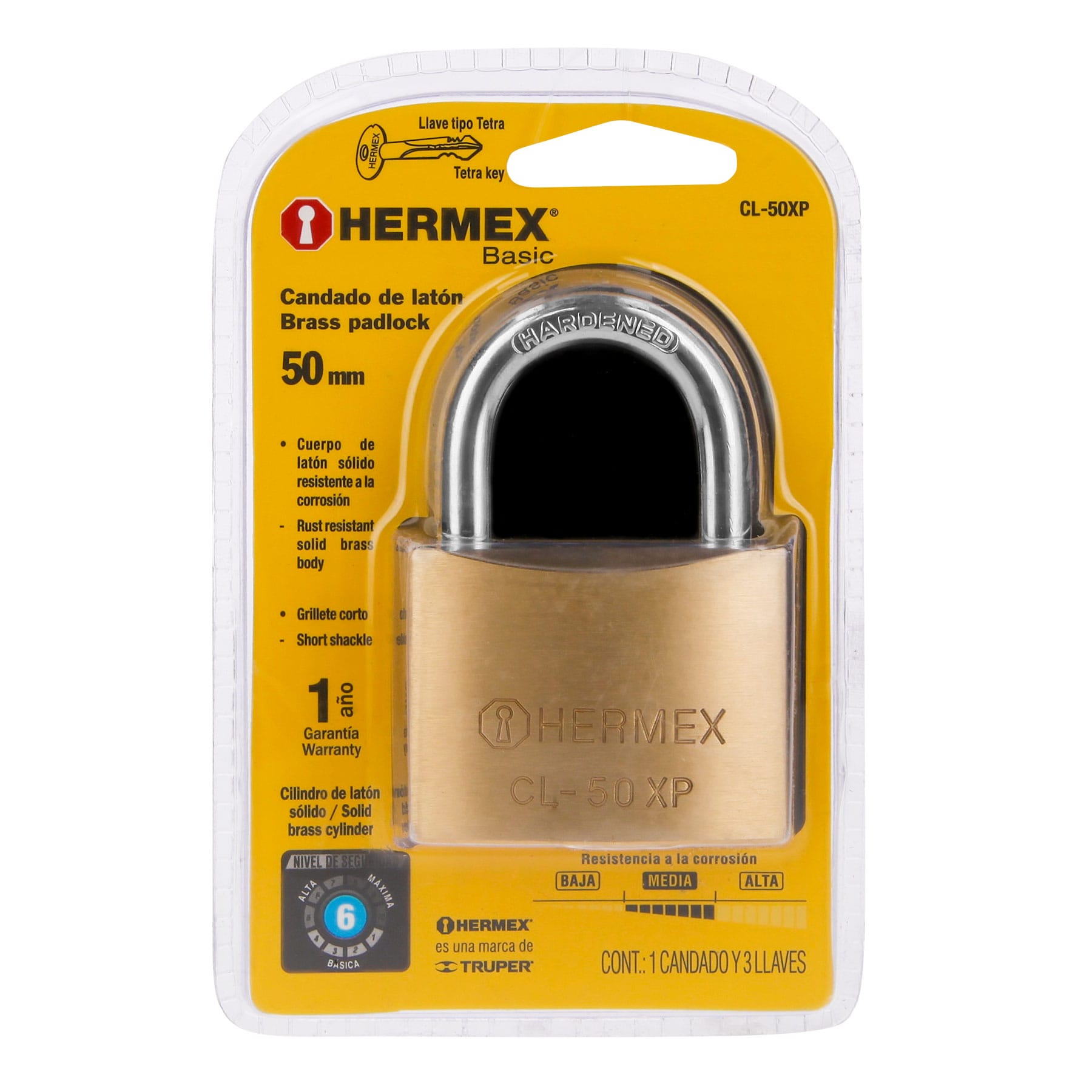 Candado de latón 50 mm llave tetra en blíster, Hermex BASIC