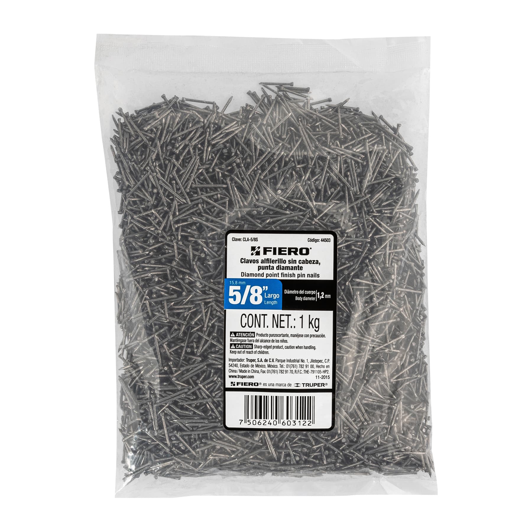 Bolsa con 1 kg de clavos alfilerillos de 5/8" sin cabeza