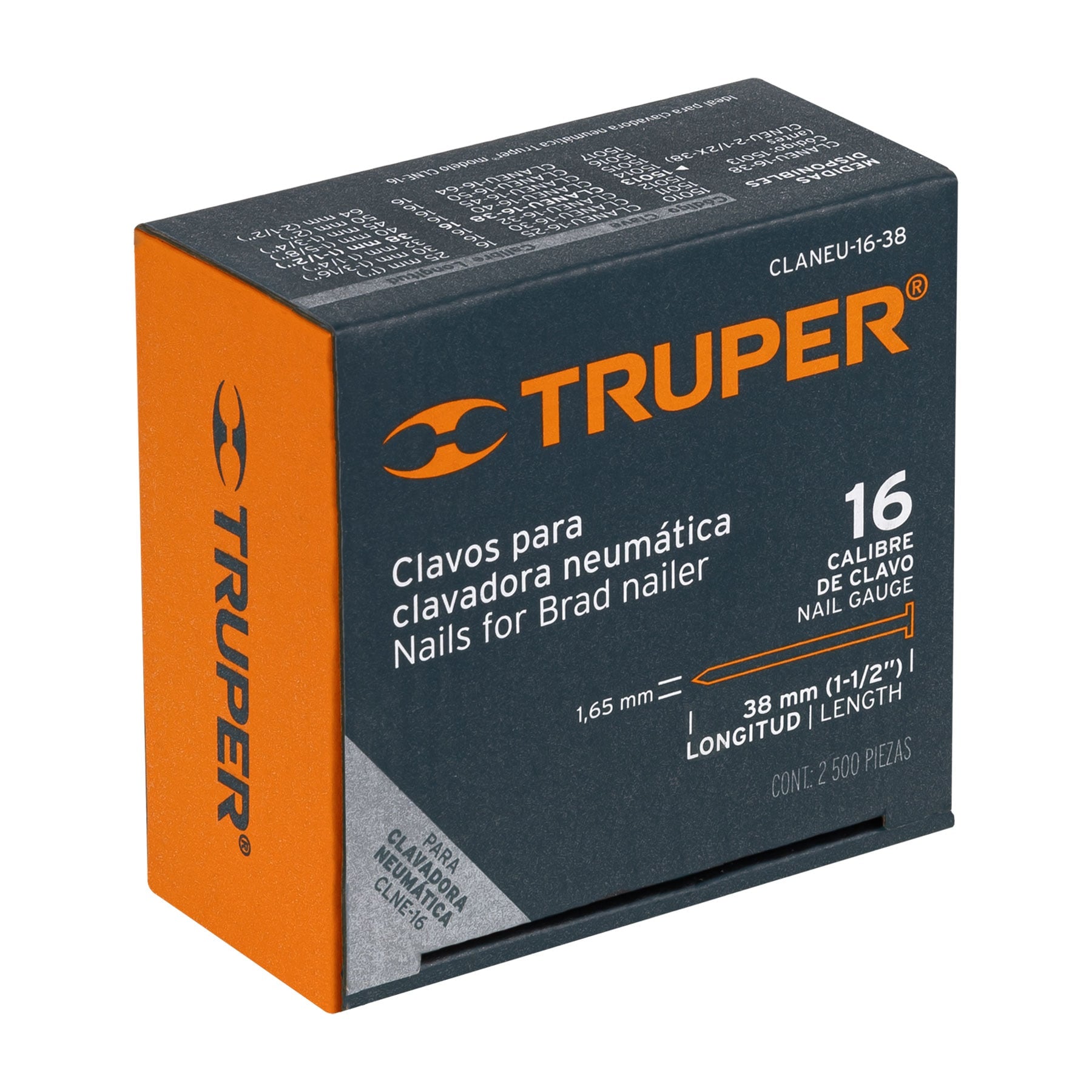Caja con 2500 clavos calibre 16, 38 mm para CLNE-16, Truper