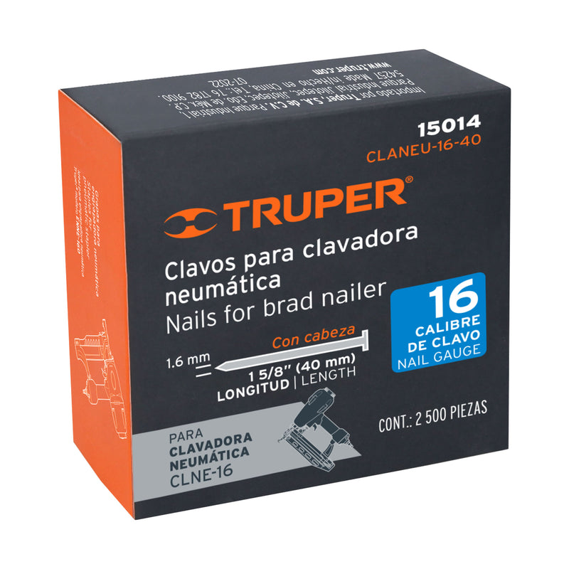 Caja con 2500 clavos calibre 16,  40 mm para CLNE-16,  Truper