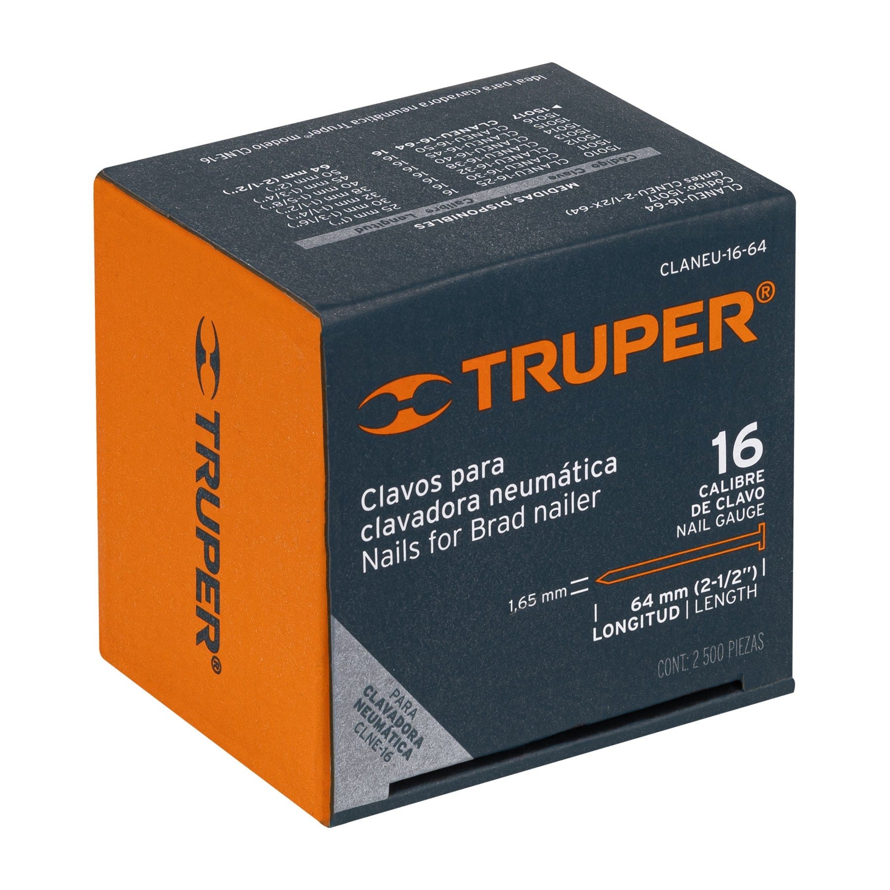 Caja con 2500 clavos calibre 16, 64 mm para CLNE-16, Truper