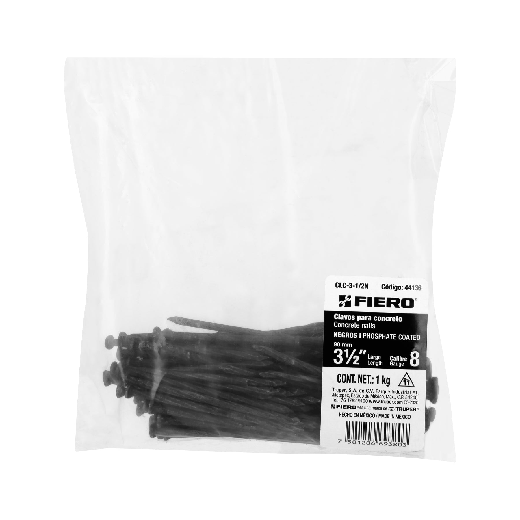 Bolsa con 1 kg de clavos para concreto negros 3-1/2", Fiero