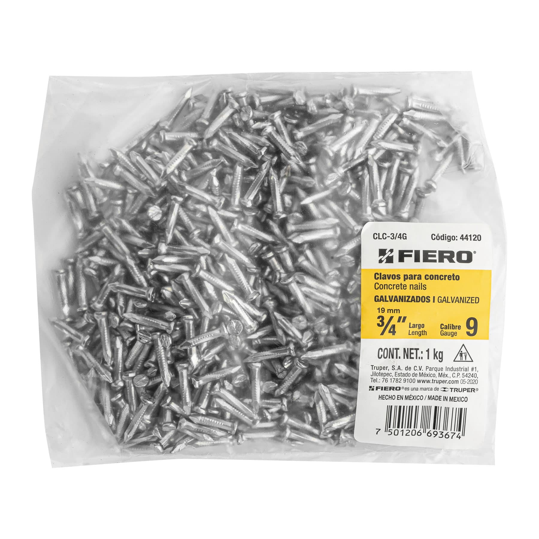 Bolsa con 1 kg de clavos para concreto galvanizados 3/4"