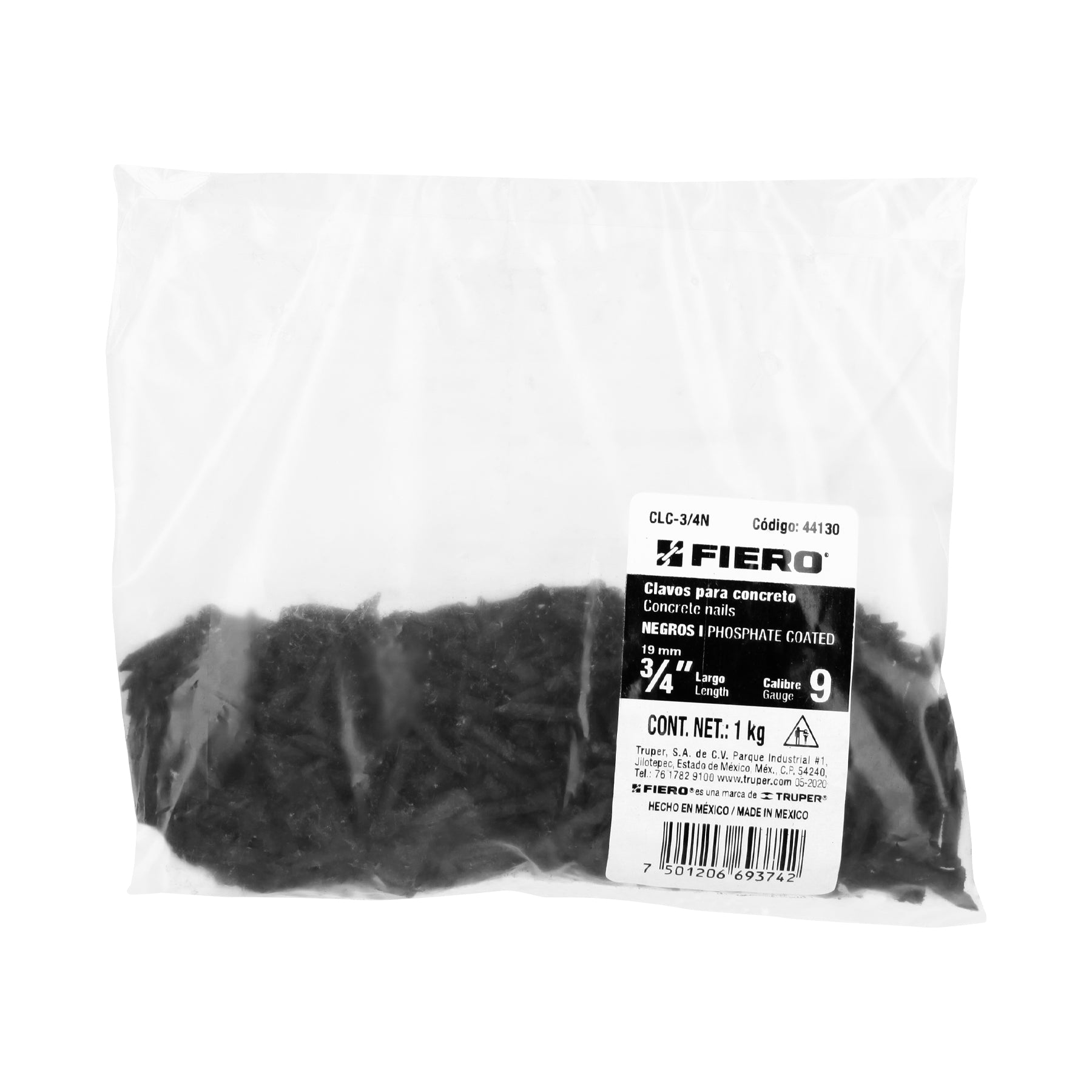 Bolsa con 1 kg de clavos para concreto negros 3/4", Fiero