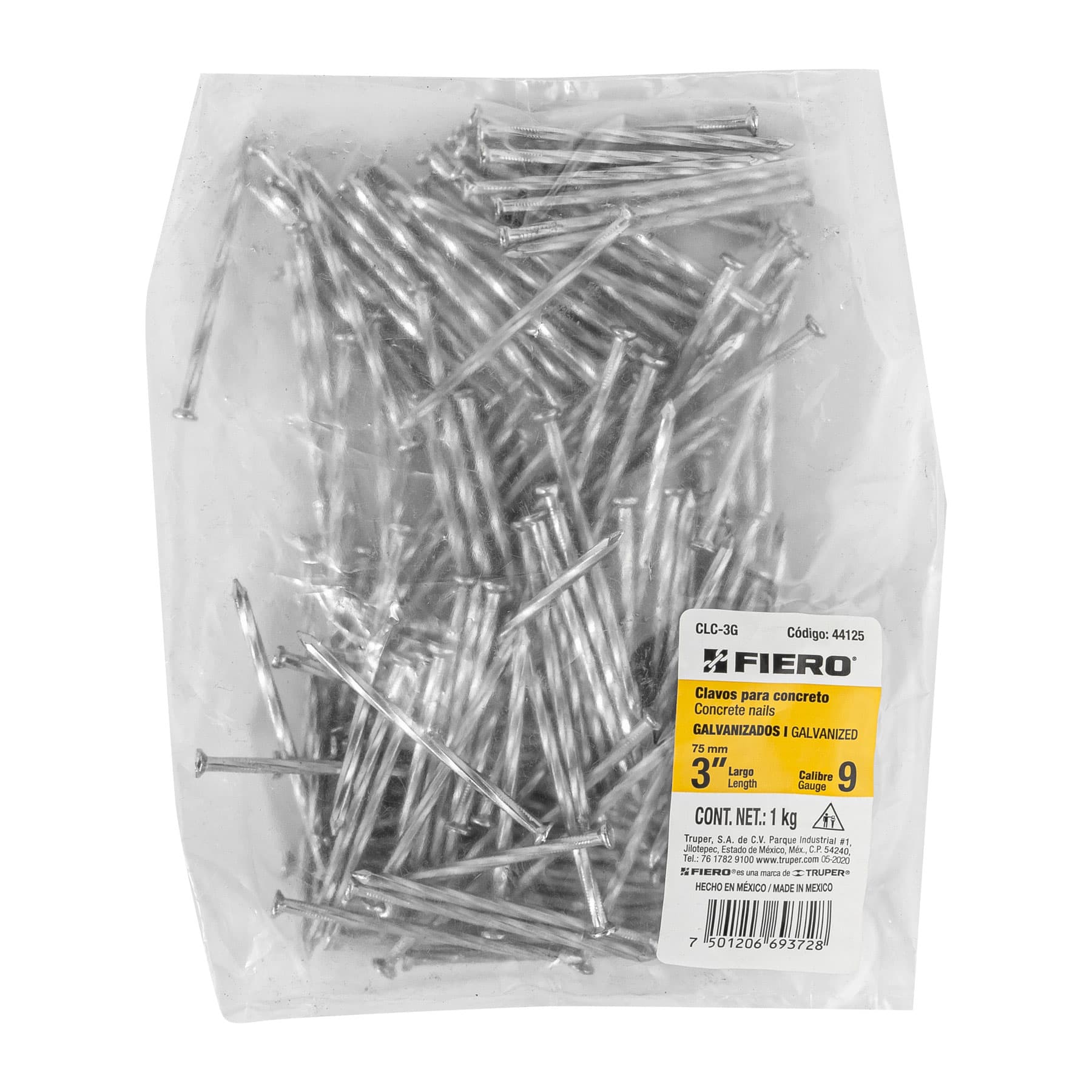 Bolsa con 1 kg de clavos para concreto galvanizados 3"