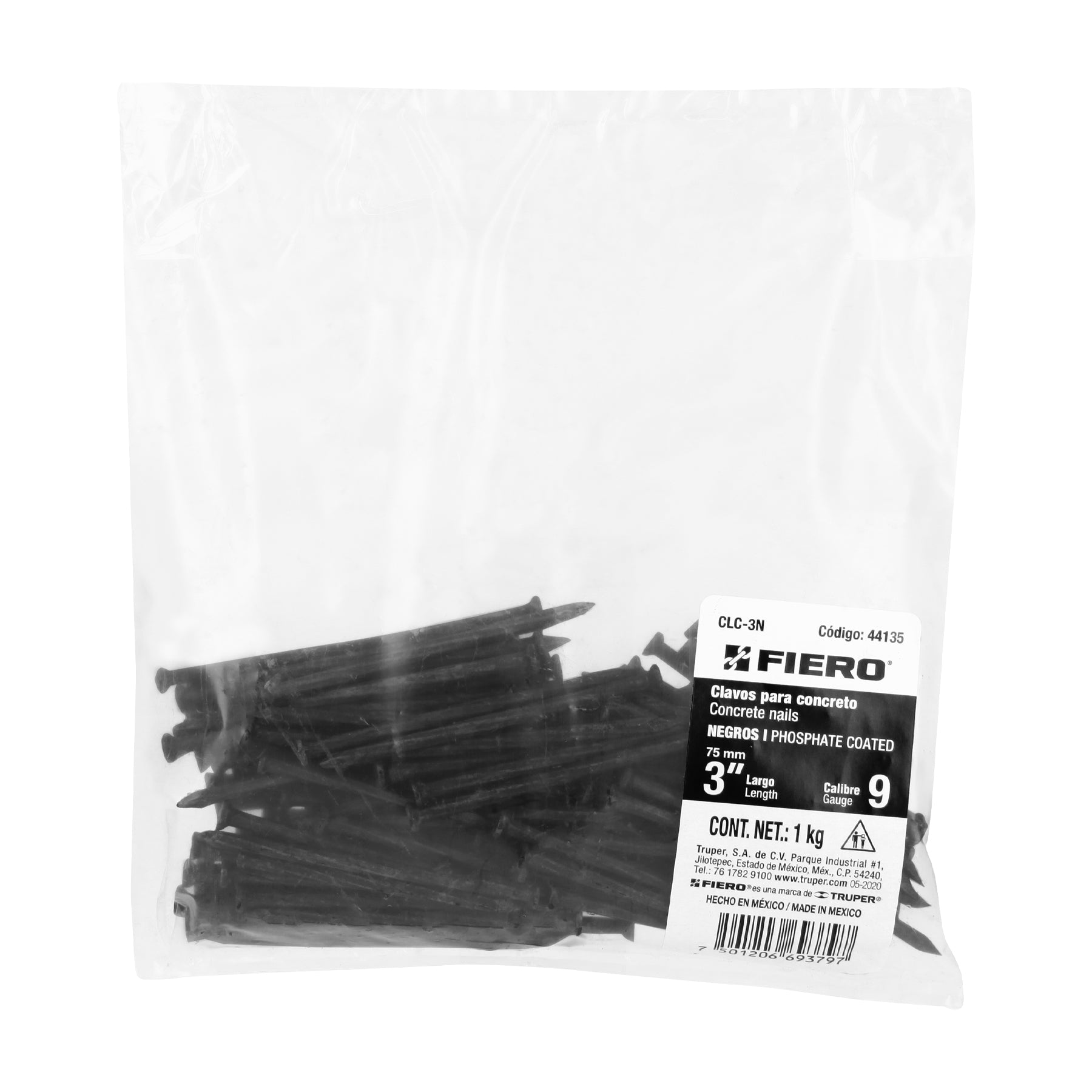 Bolsa con 1 kg de clavos para concreto negros 3", Fiero