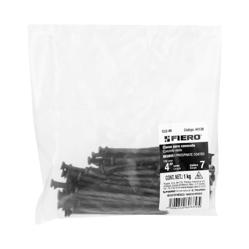 Bolsa con 1 kg de clavos para concreto negros 4",  Fiero