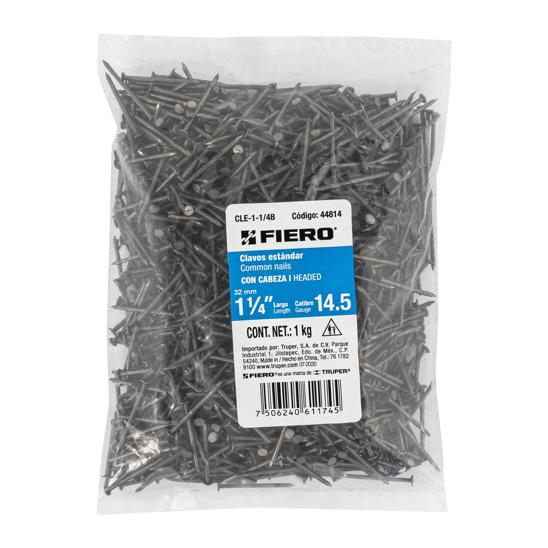 Bolsa con 1 kg de clavo estándar 1-1/4" con cabeza, Fiero