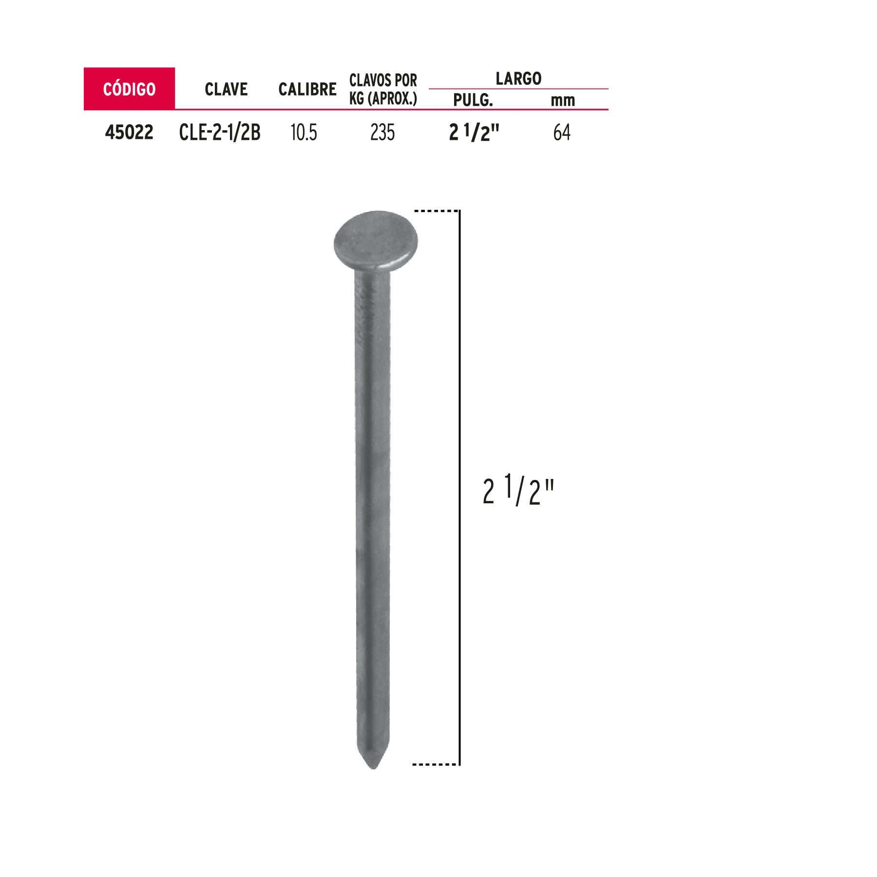 Bolsa con 1 kg de clavo estándar 2-1/2" con cabeza, Fiero