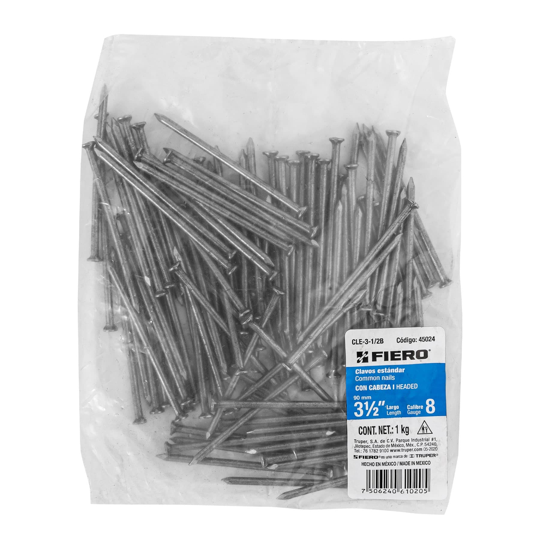 Bolsa con 1 kg de clavo estándar 3-1/2" con cabeza, Fiero