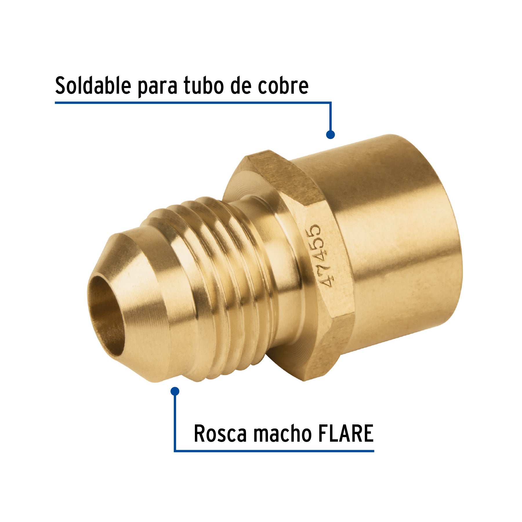 Conector flare soldable de latón, 3/8" x 1/2", Foset
