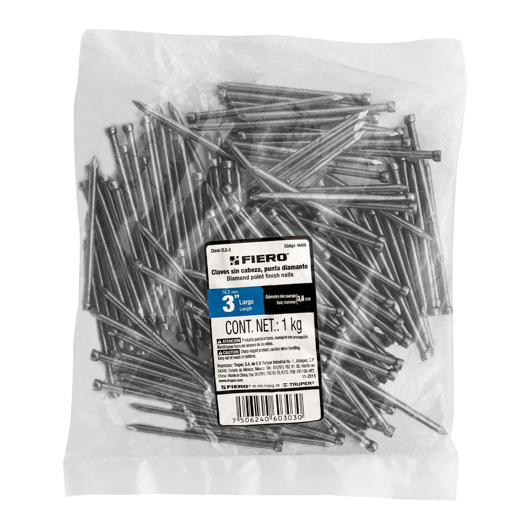 Bolsa con 1 kg de clavo estándar 3" sin cabeza, Fiero