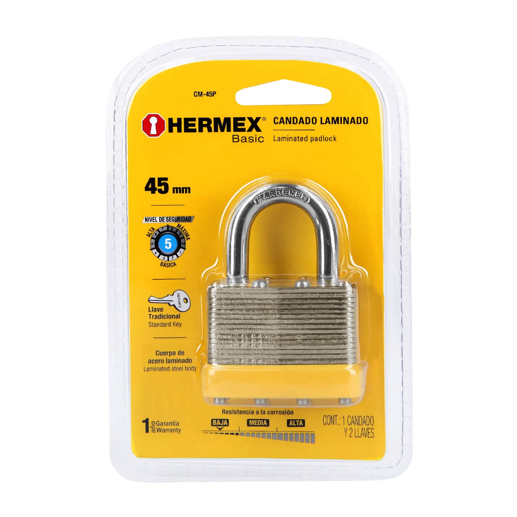 Candado laminado, 45mm, gancho corto, blister, Hermex BASIC