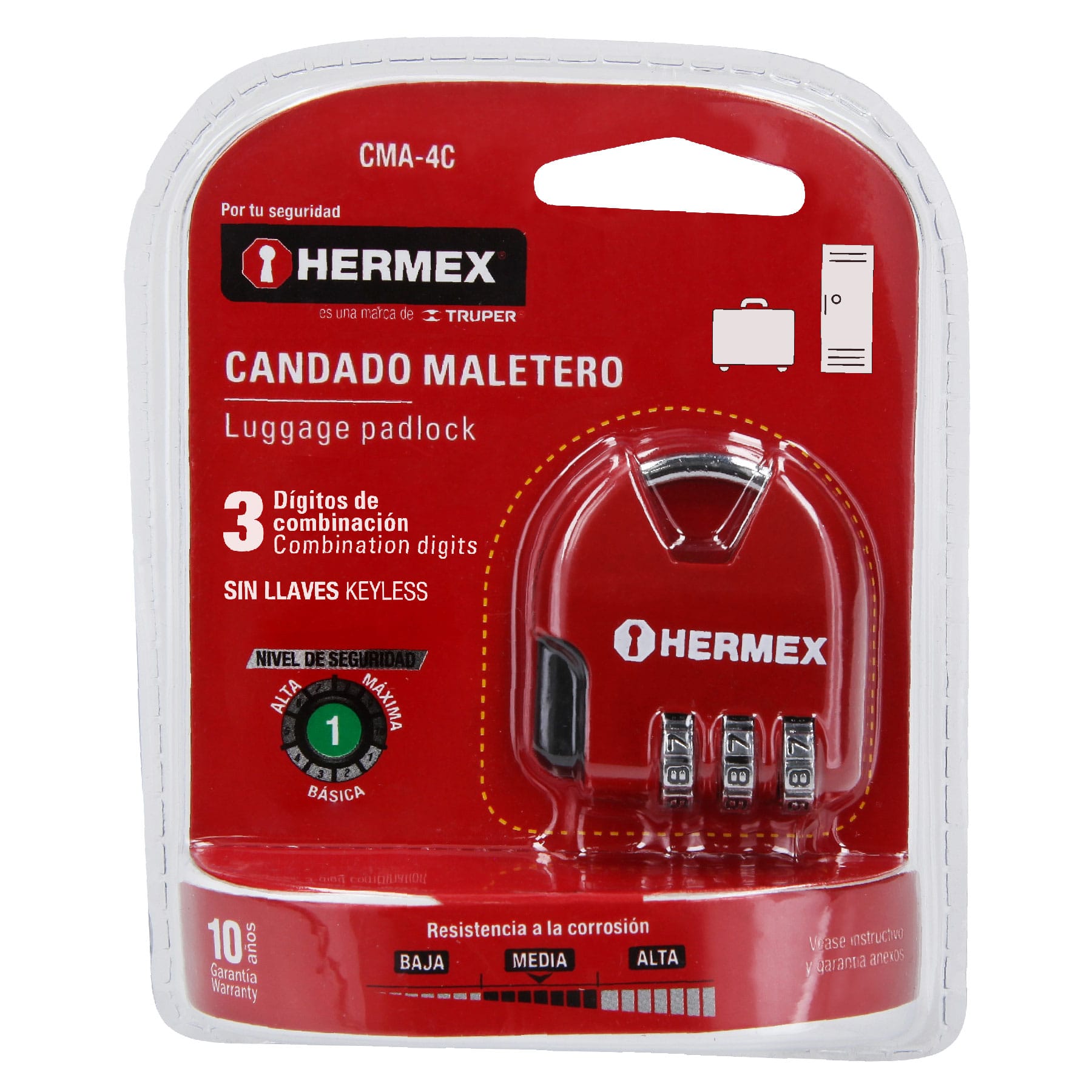 Candado maletero de combinación 36 mm, blíster, Hermex