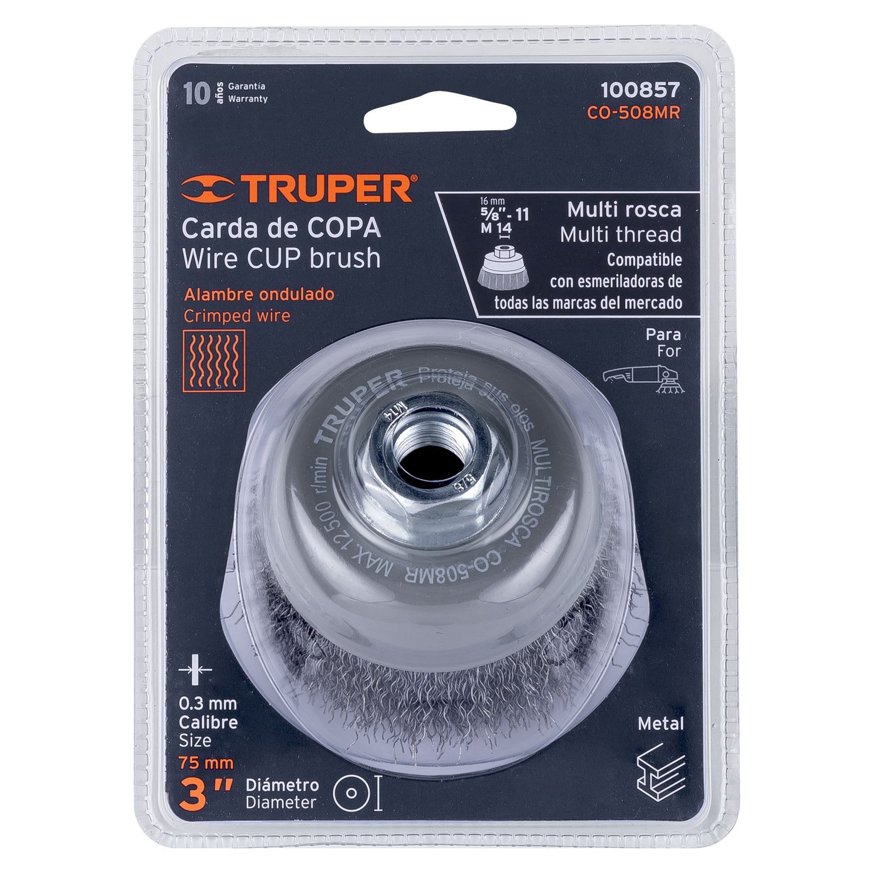 Carda copa 3" alambre ondulado fino, multi rosca, Truper