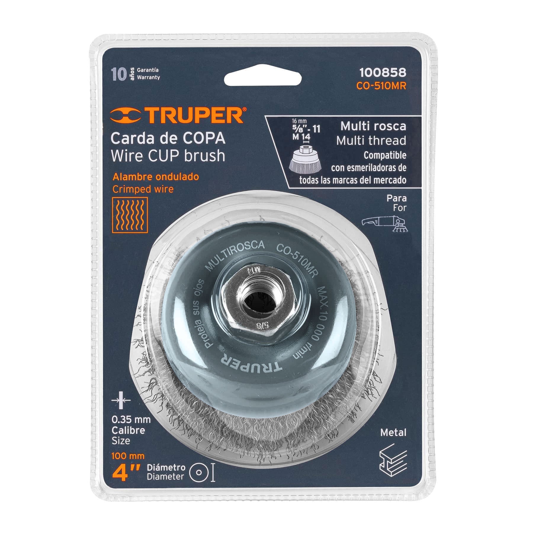 Carda copa 4" alambre ondulado fino, multi rosca, Truper