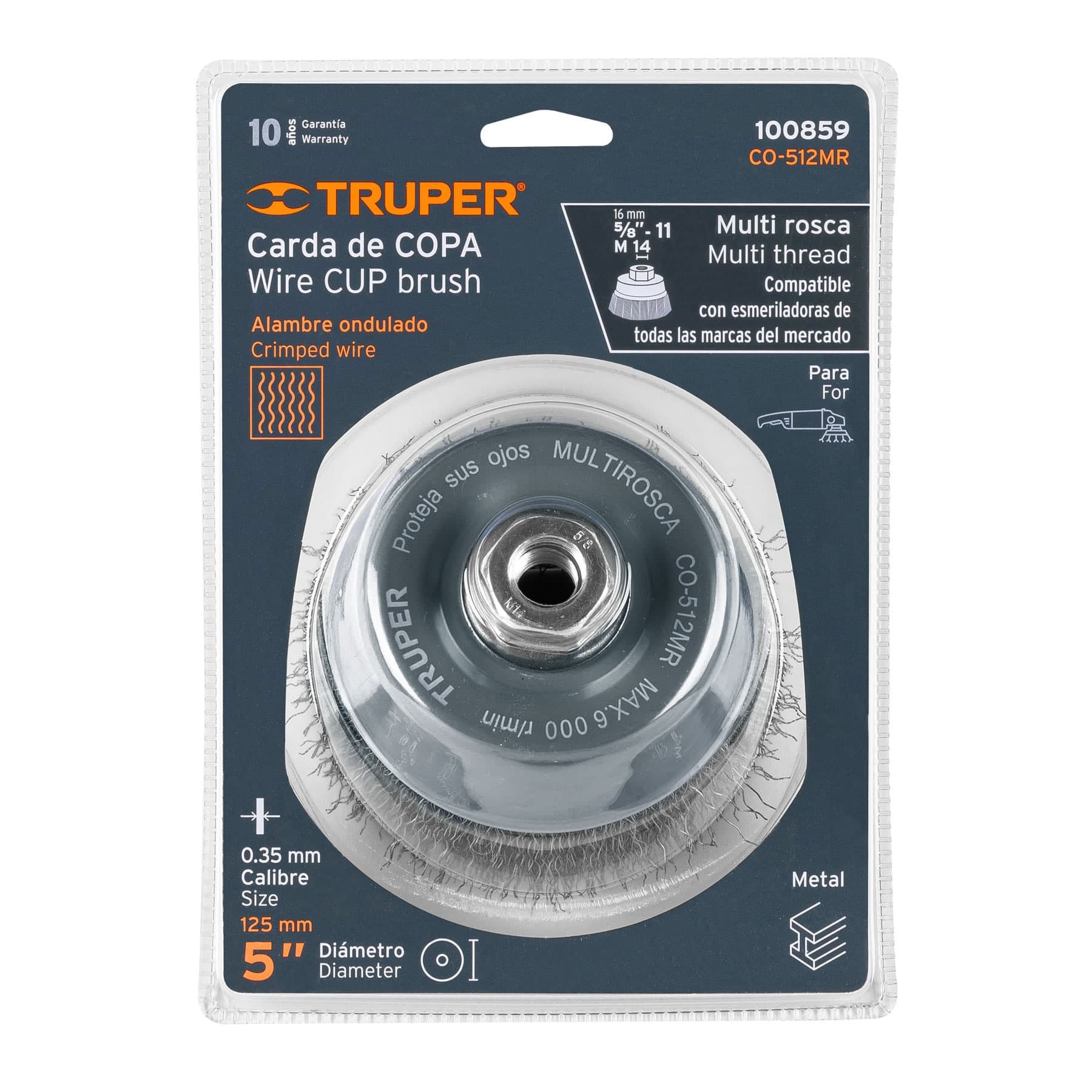 Carda copa 5" alambre ondulado fino, multi rosca, Truper