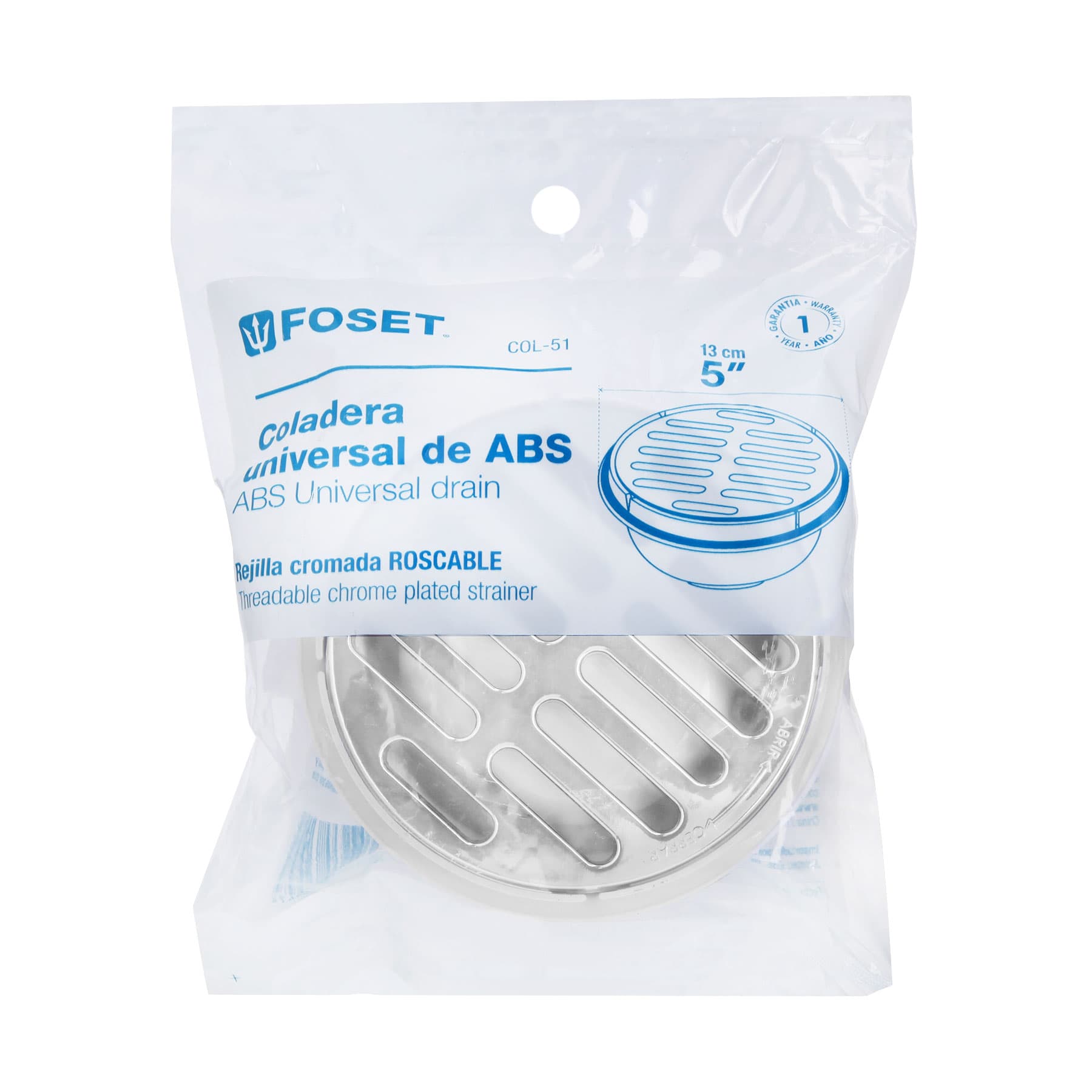 Coladera de ABS con rejilla cromada 5", 1/4 de vuelta, Foset