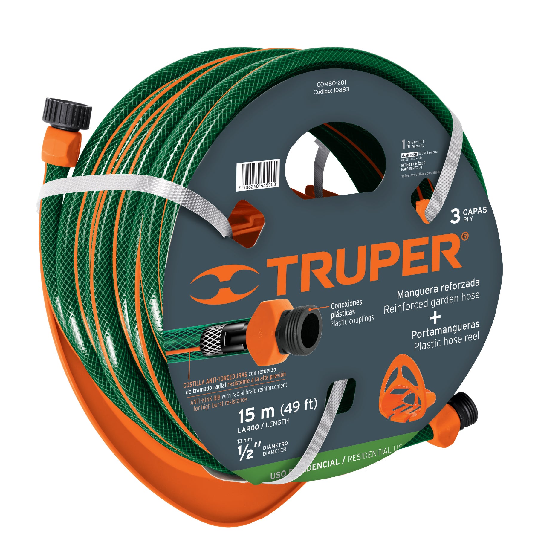 Combo manguera MAN-15X1/2RE y portamanguera GAN-MA, Truper