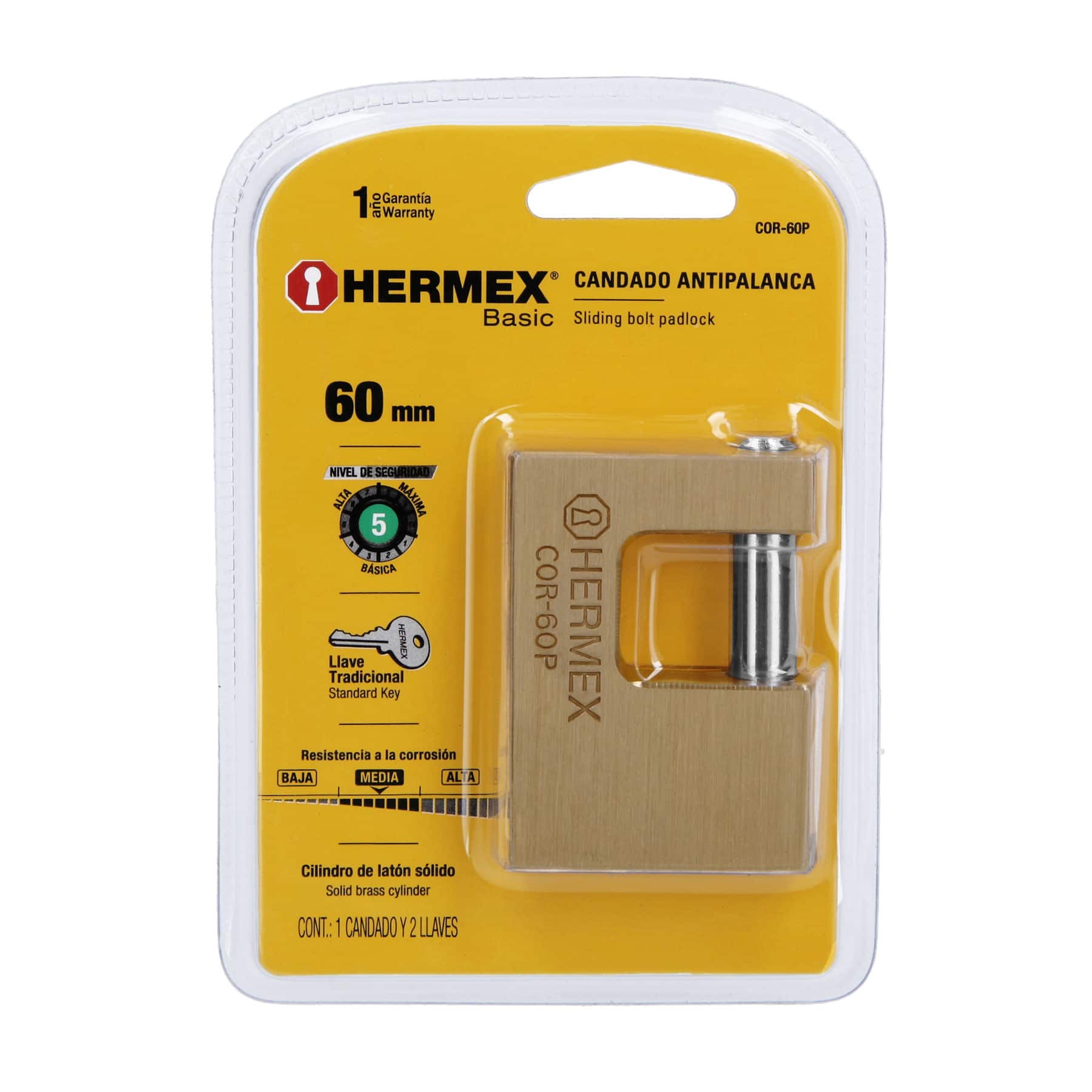 Candado antipalanca 60 mm cuerpo de latón, Hermex BASIC