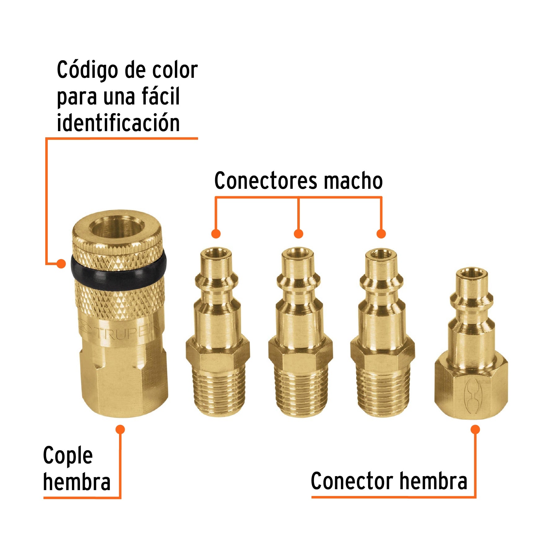 Juego de 4 conectores rápidos y 1 cople, de latón, Truper