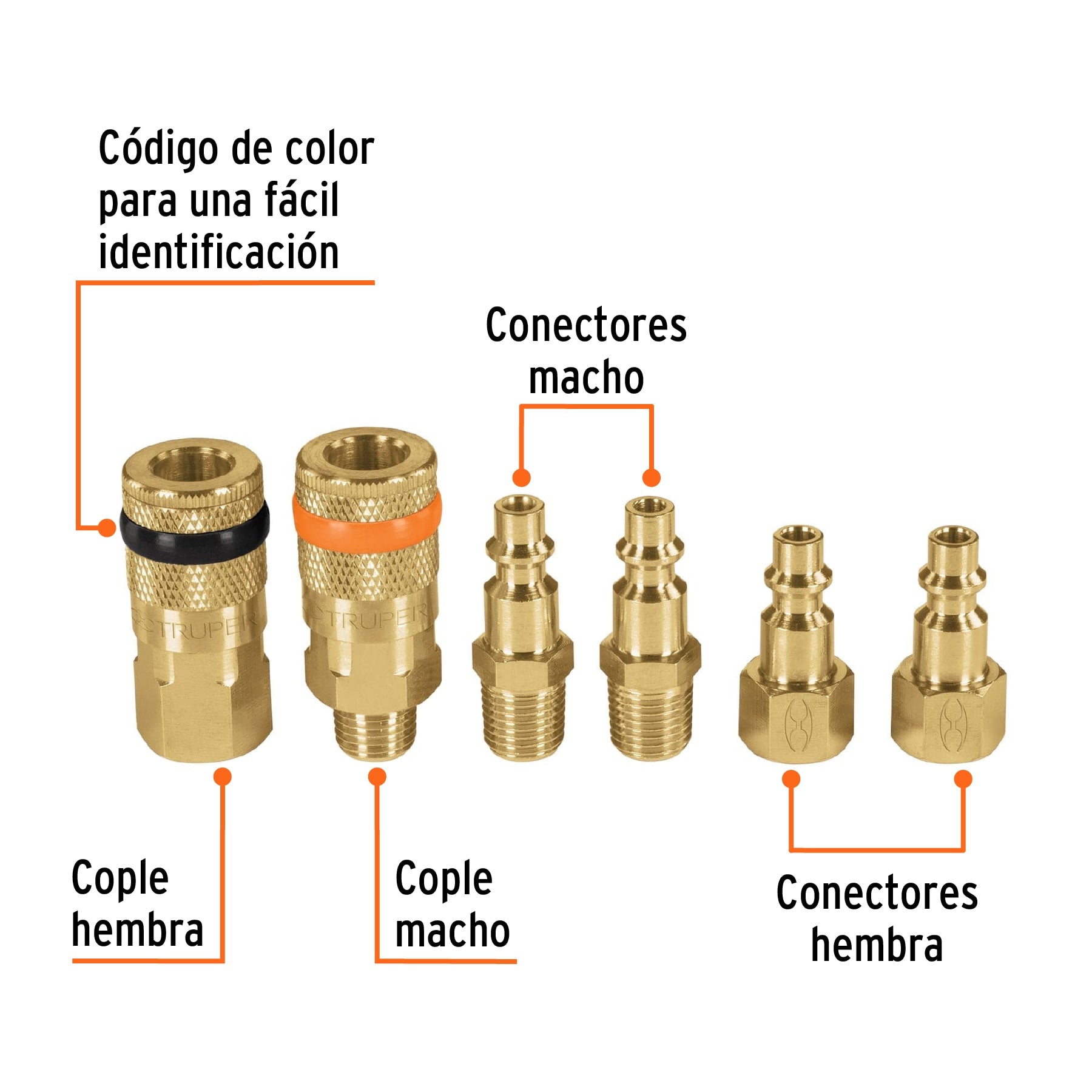 Juego de 4 conectores rápidos y 2 coples, de latón, Truper