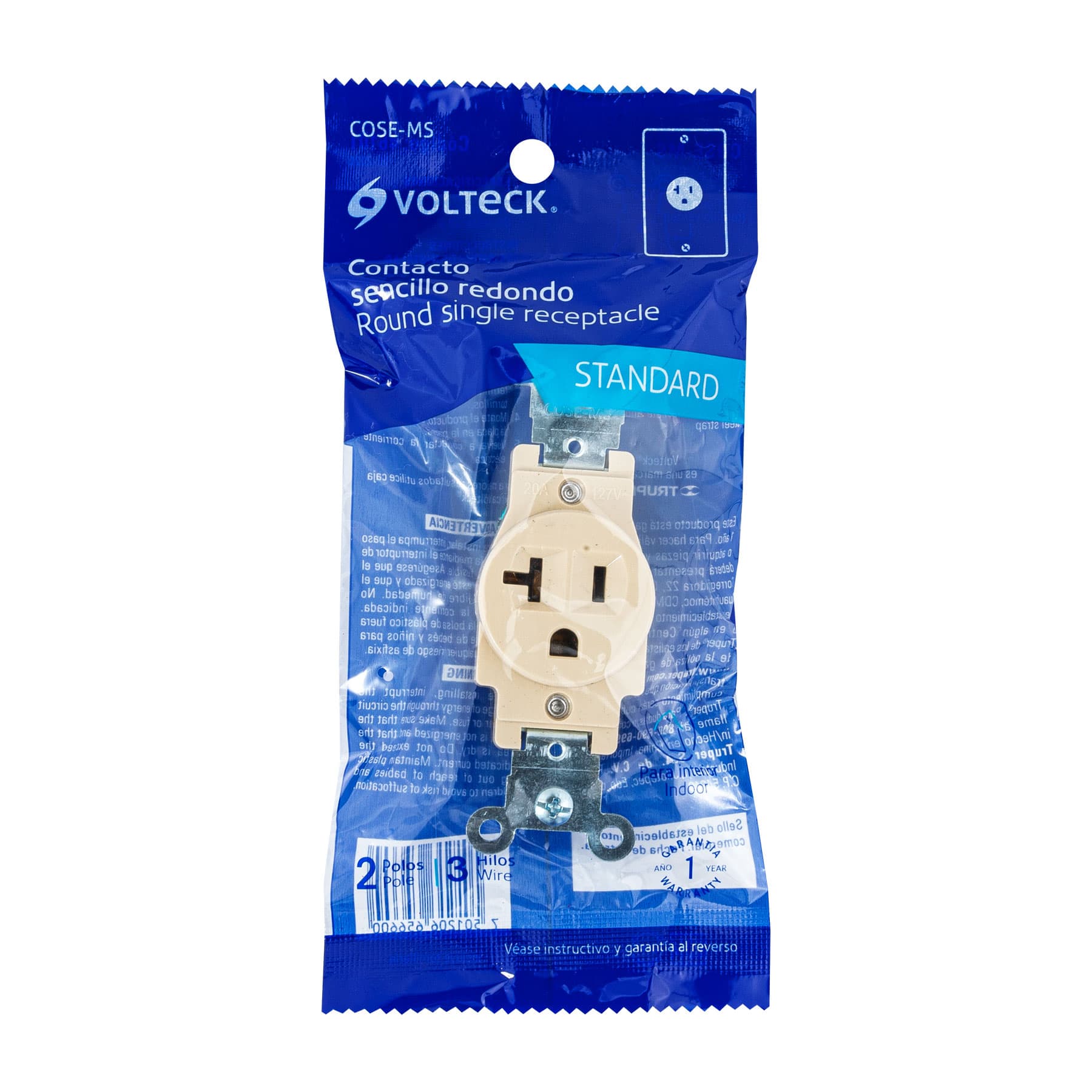 Contacto sencillo, 2 polos 3 hilos, 20 A, Standard, marfil