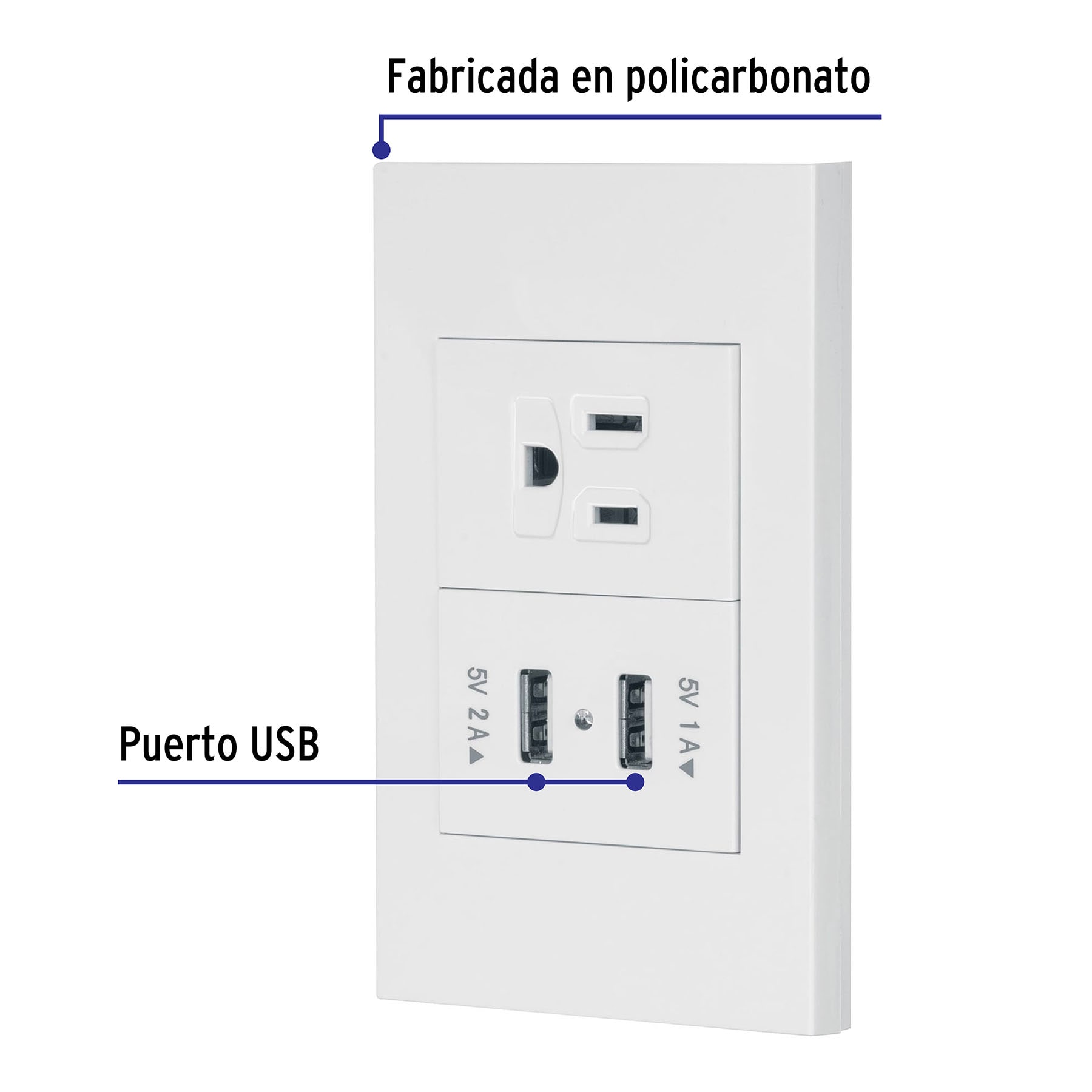 Placa armada 1contacto, 2puertos USB, 1.5mod,Española,blanco