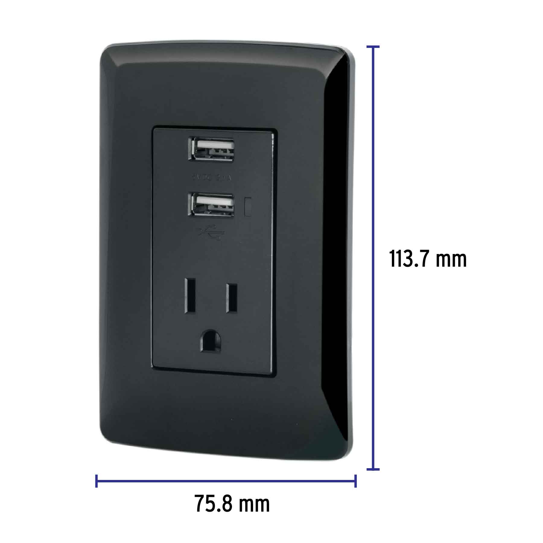 Contacto aterrizado + 2 puertos USB, negro, línea Italiana