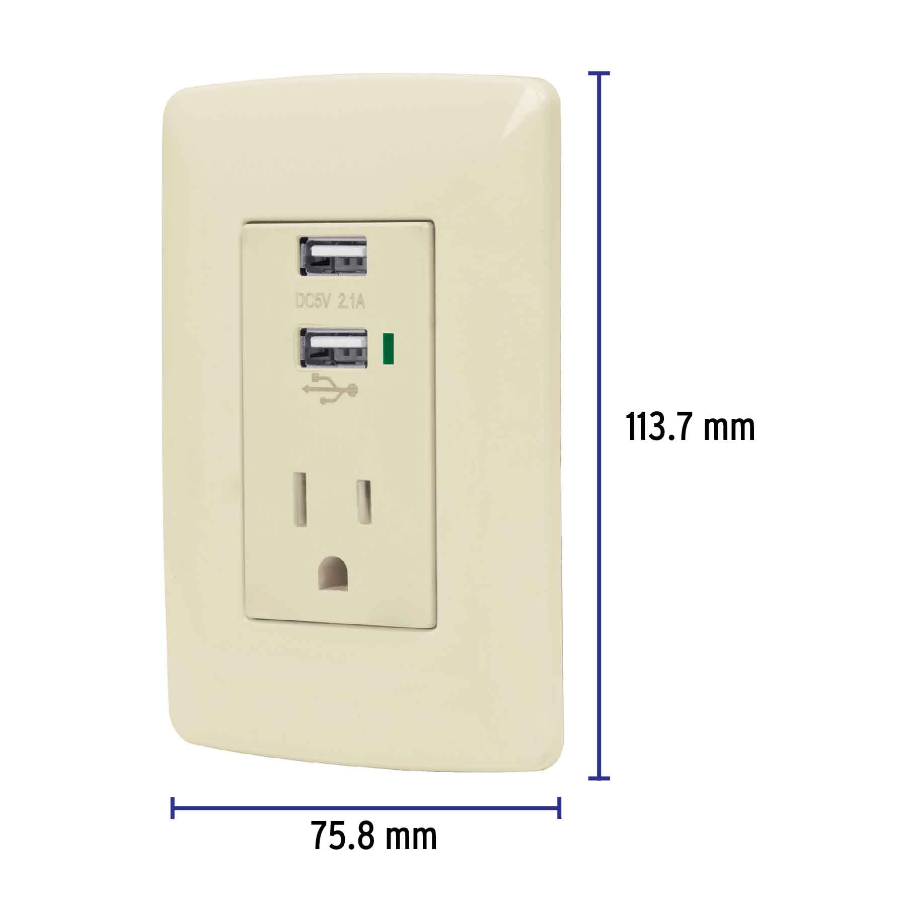 Contacto aterrizado + 2 puertos USB, marfil, línea Italiana
