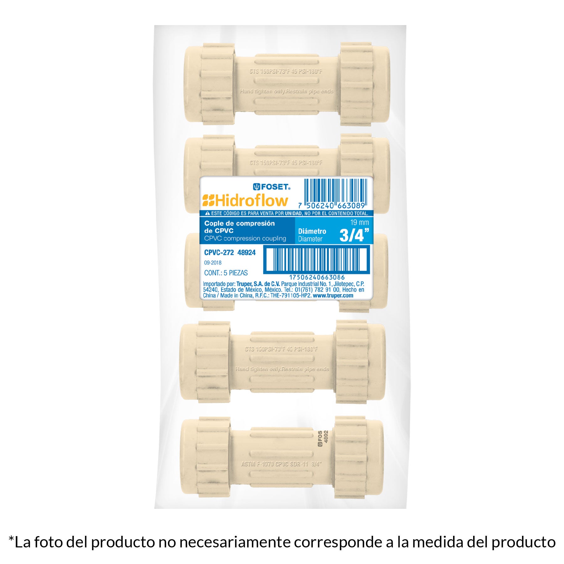 Cople de compresión CPVC de 1/2", Foset
