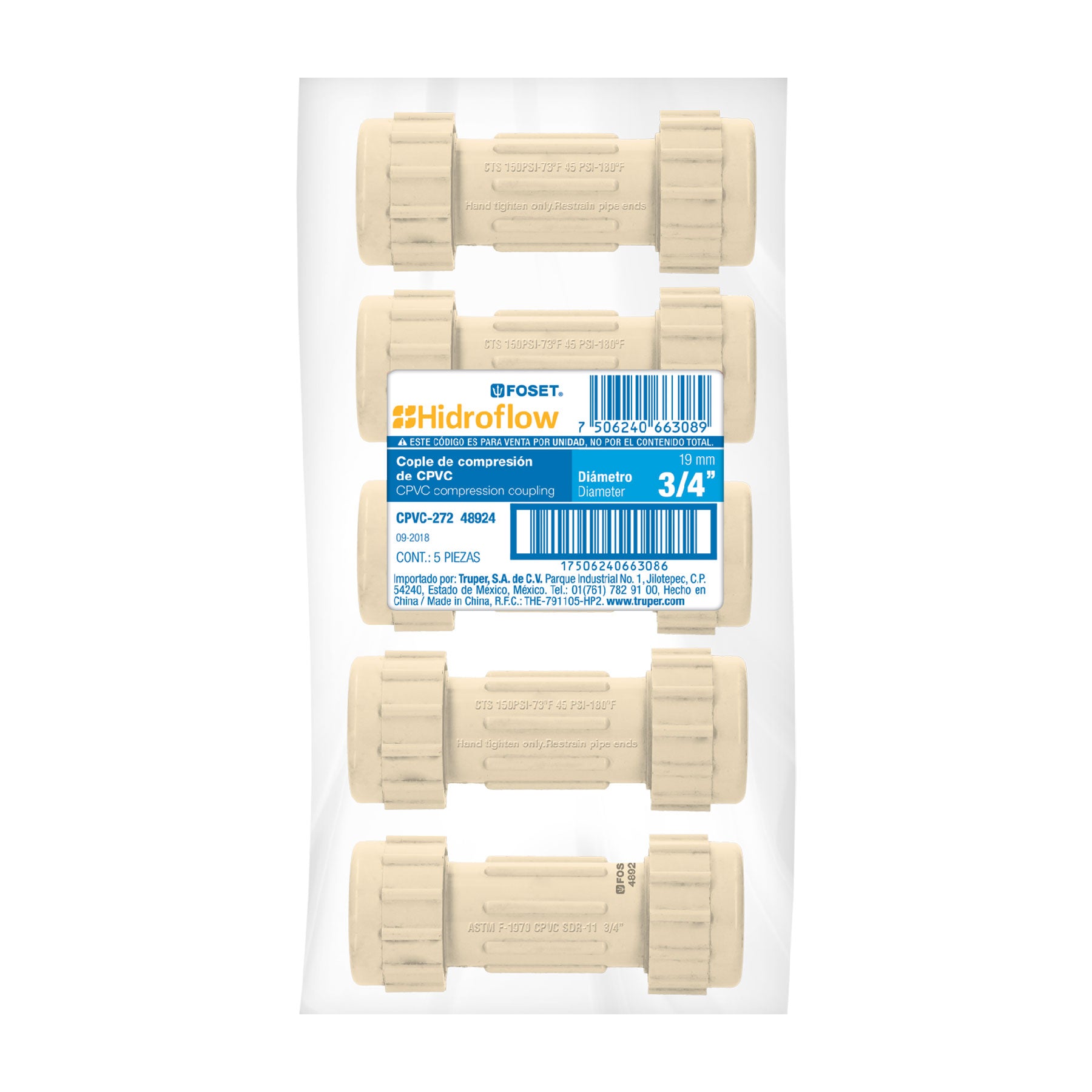 Cople de compresión CPVC de 3/4", Foset