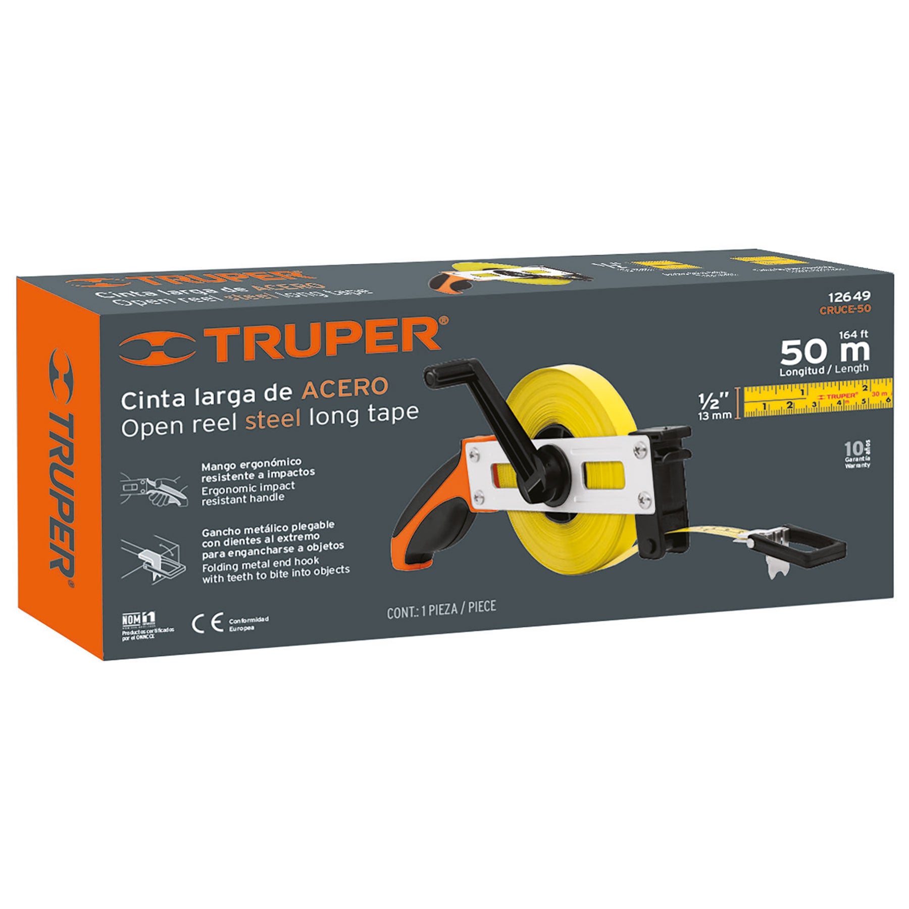 Cinta métrica larga 50 m, metálica, tipo cruceta, Truper