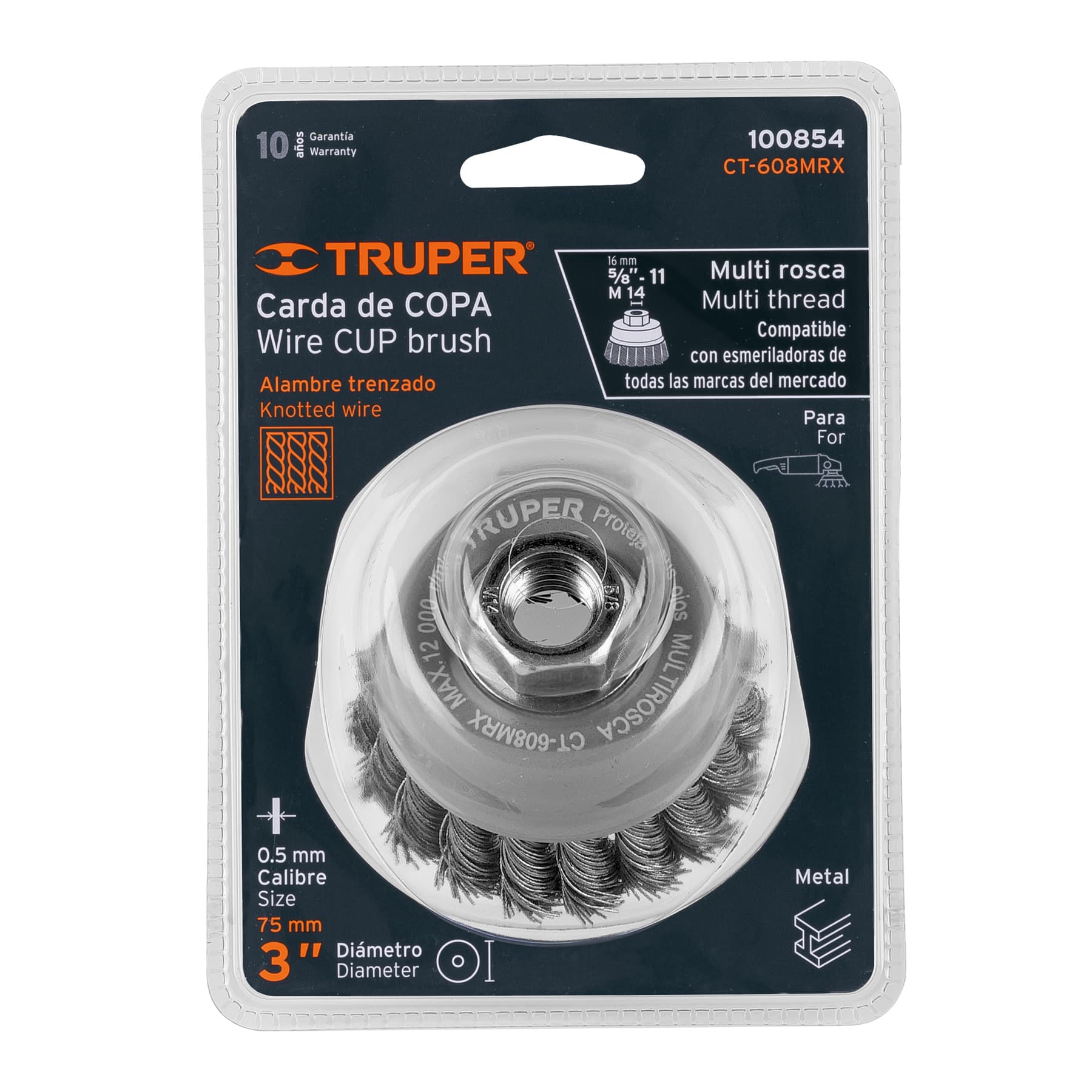 Carda copa 3" alambre trenzado grueso, multi rosca, Truper