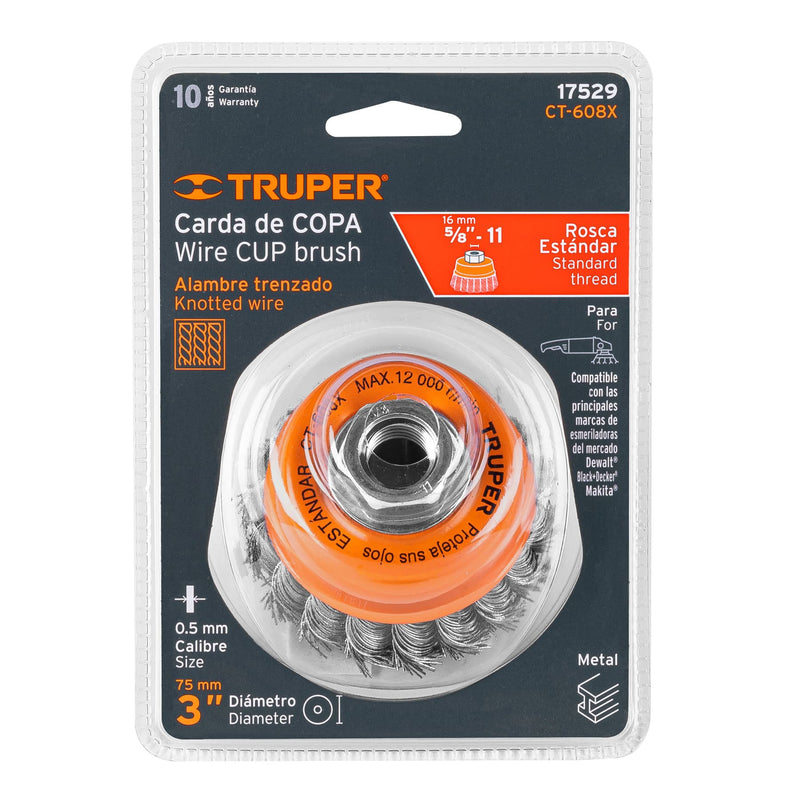 Carda copa 3" alambre trenzado grueso,  eje 5/8"-11,  Truper