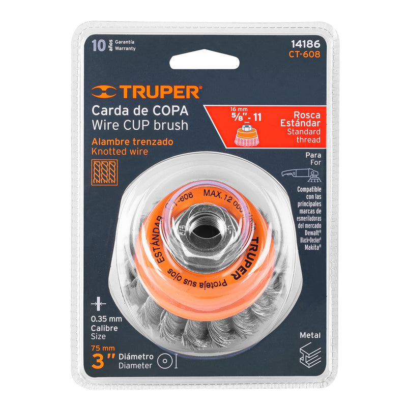 Carda copa 3" alambre trenzado fino,  eje 5/8"-11,  Truper