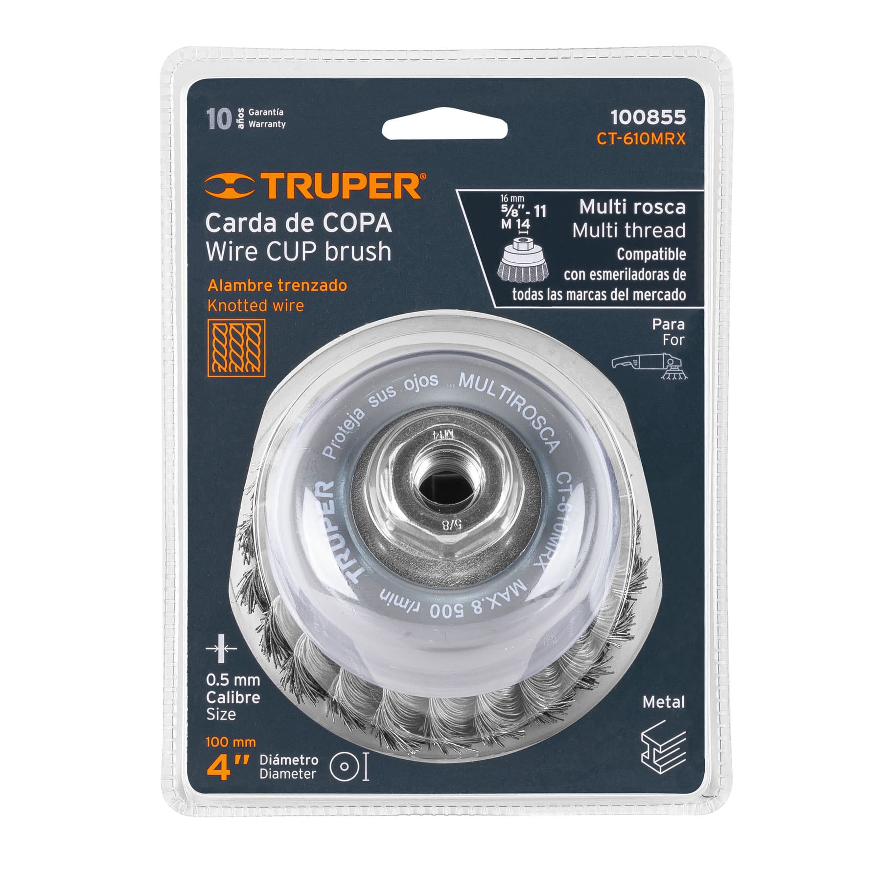 Carda copa 4" alambre trenzado grueso, multi rosca, Truper