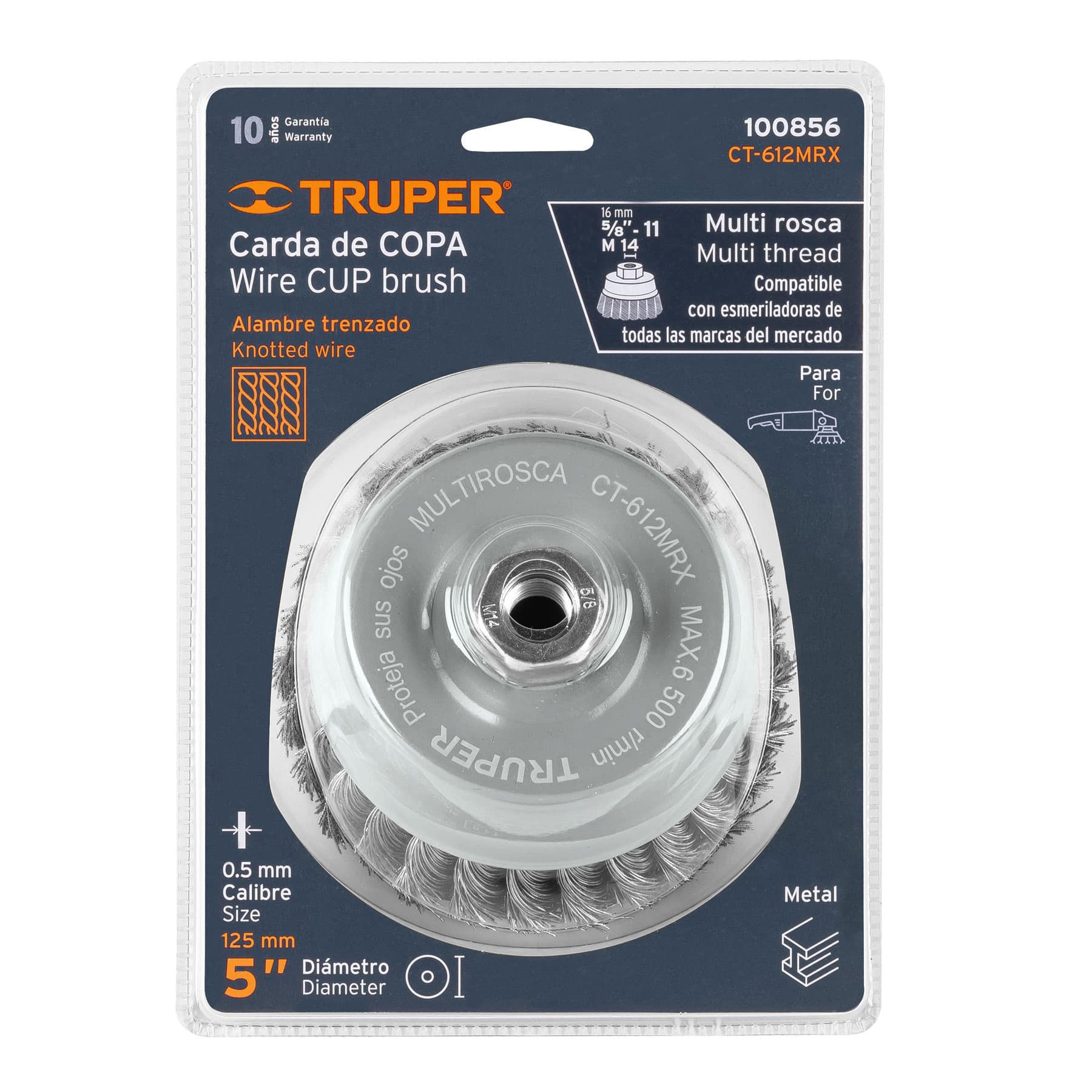 Carda copa 5" alambre trenzado grueso, multi rosca, Truper