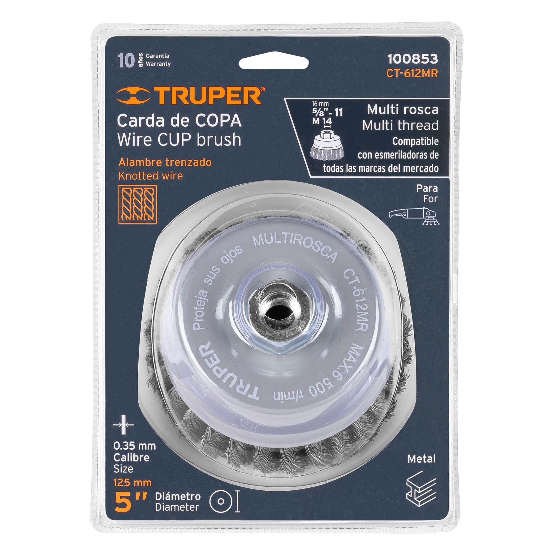 Carda copa 5" alambre trenzado fino, multi rosca, Truper