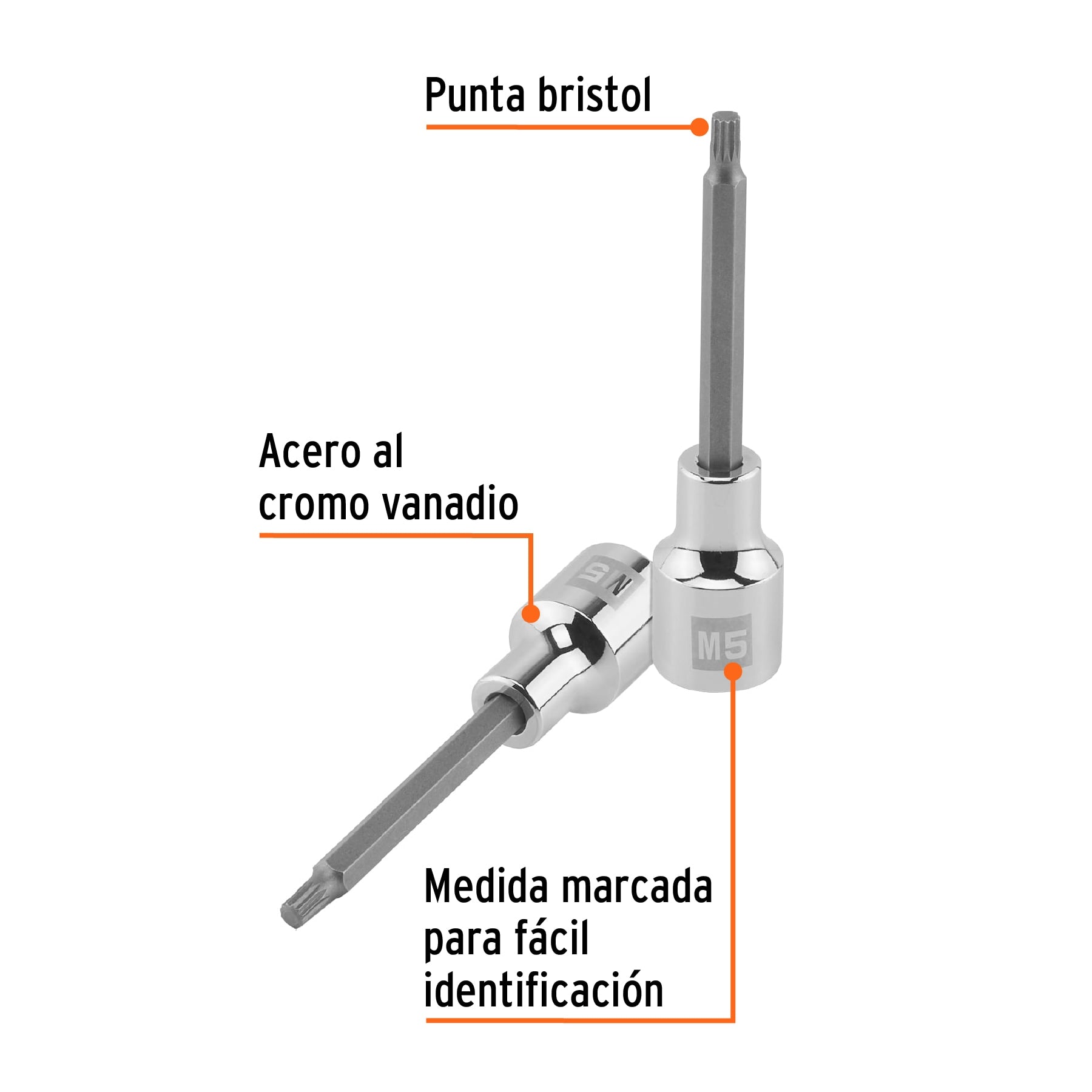Dado punta larga bristol M5, cuadro 1/2", Truper