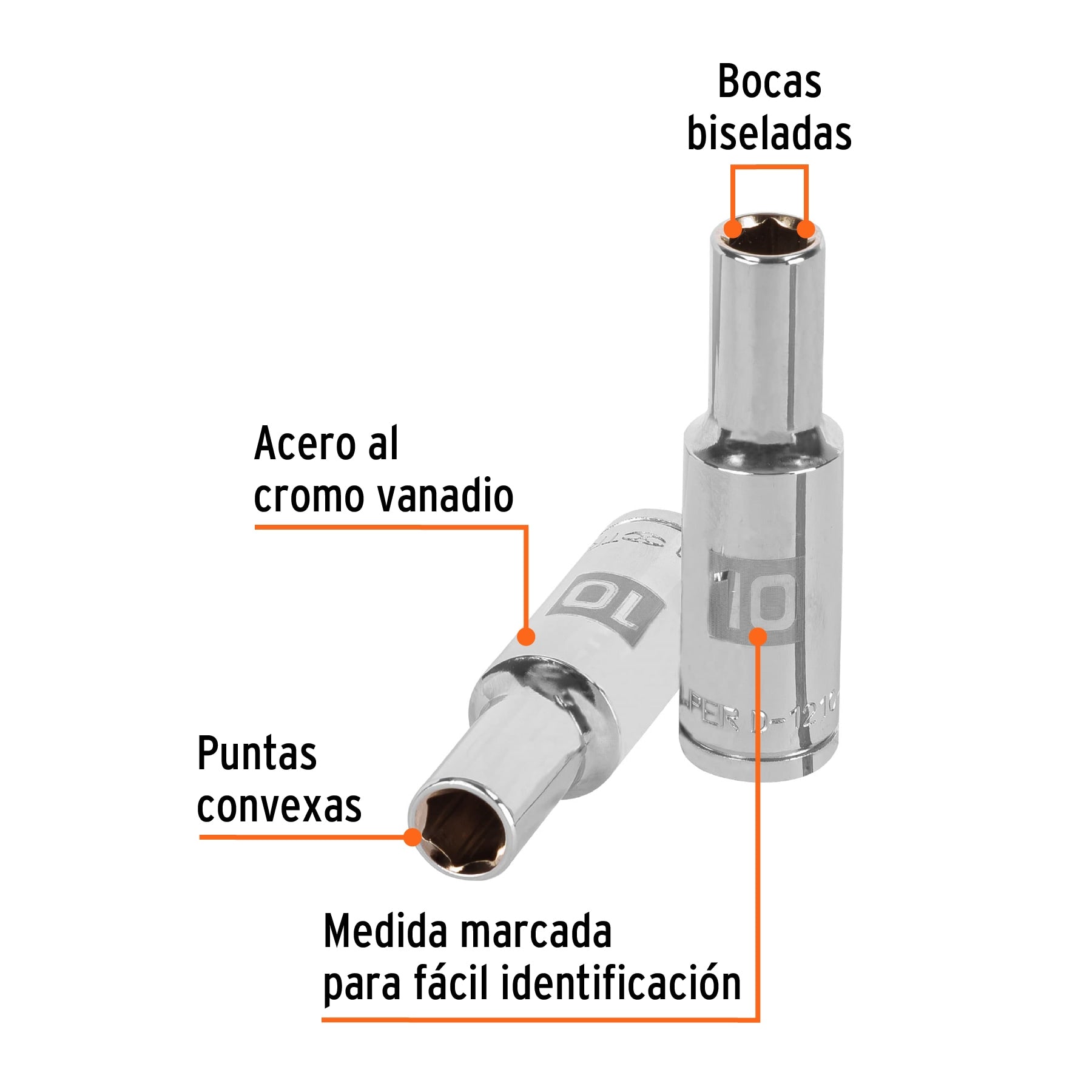 Dado largo de 10 mm, 6 puntas, cuadro 1/2", Truper
