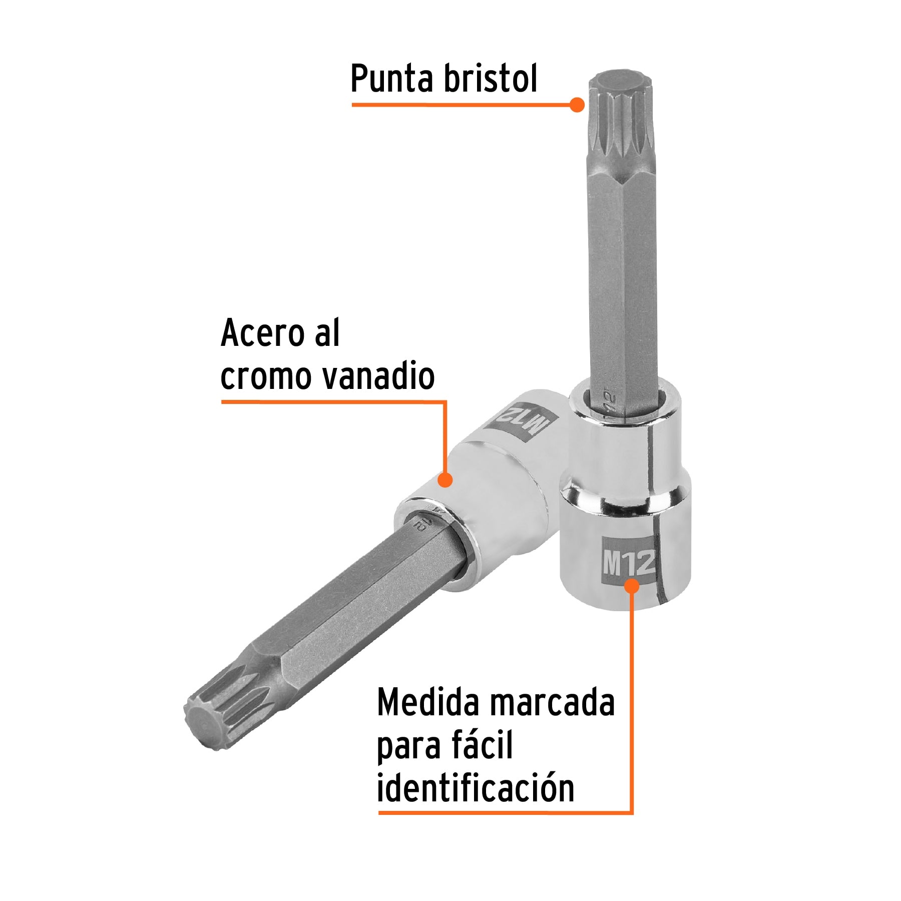 Dado punta larga bristol M12, cuadro 1/2", Truper