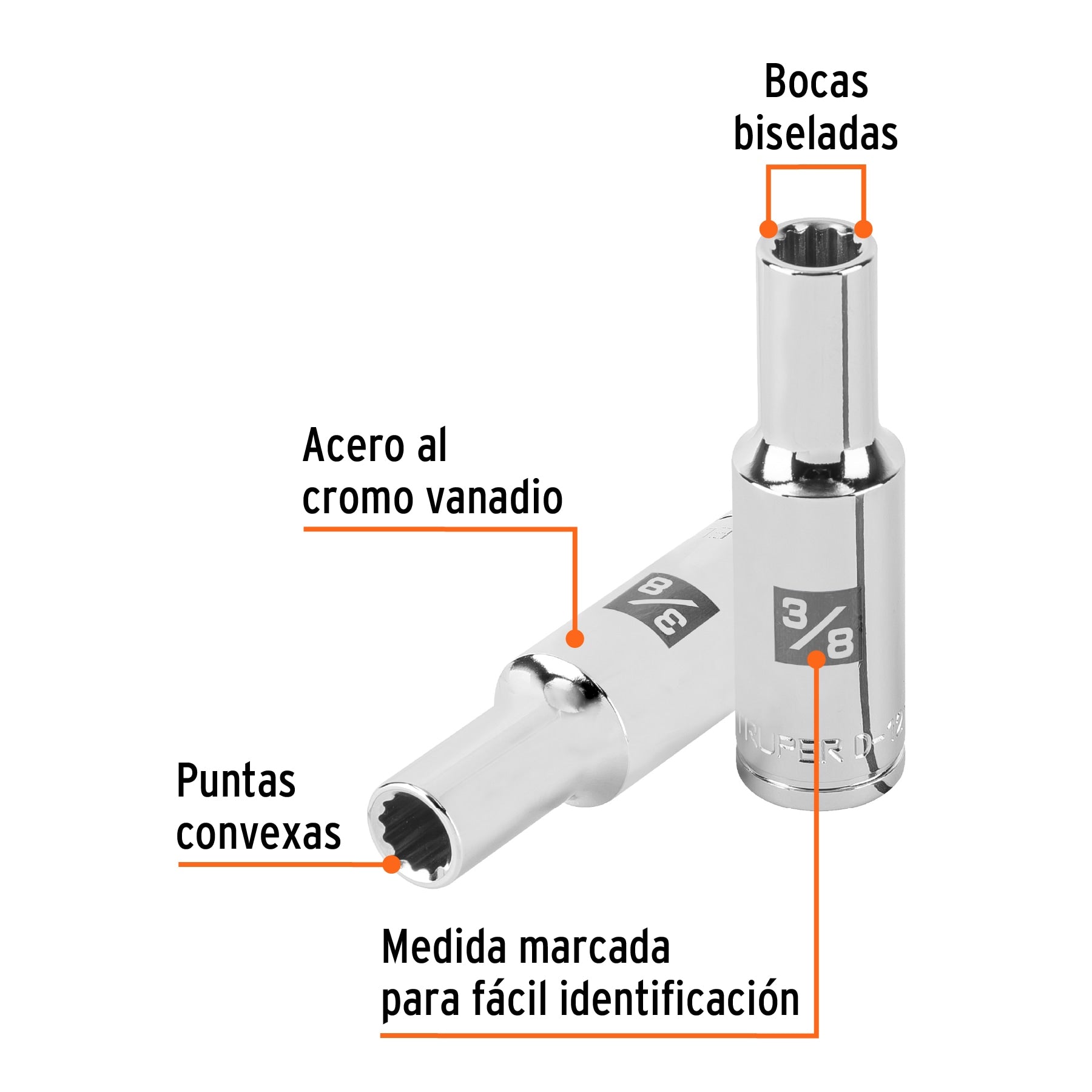 Dado largo de 3/8" 12 puntas, cuadro 1/2", Truper